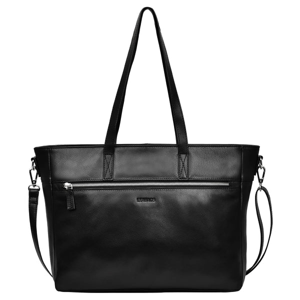 LEABAGS Leder Handtasche Damen I Premium Echtleder Shopper I Business Laptoptasche bis 15 Zoll I Damen Business Tasche I Tragetasche für Arbeit Uni Schule Freizeit oder Einkauf I Nappa Schwarz