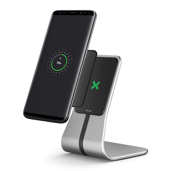 XVIDA Magnet Tisch Ladestation QI 15W für kabelloses Aufladen KFZ/PKW mit universeller magnetische Karte Smartphone Apple iPhone Samsung Galaxy Kugelgelenk Ventilation (Silver)