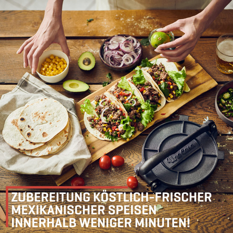 Uno Casa Tortilla Presse 25 cm aus Gusseisen – Taco Presse und Roti Maker - Plus 100 Blatt Backpapier - Küchengadget für Mehltortilla, Roti, Tawa oder Dosa oder als Dumpling Maker