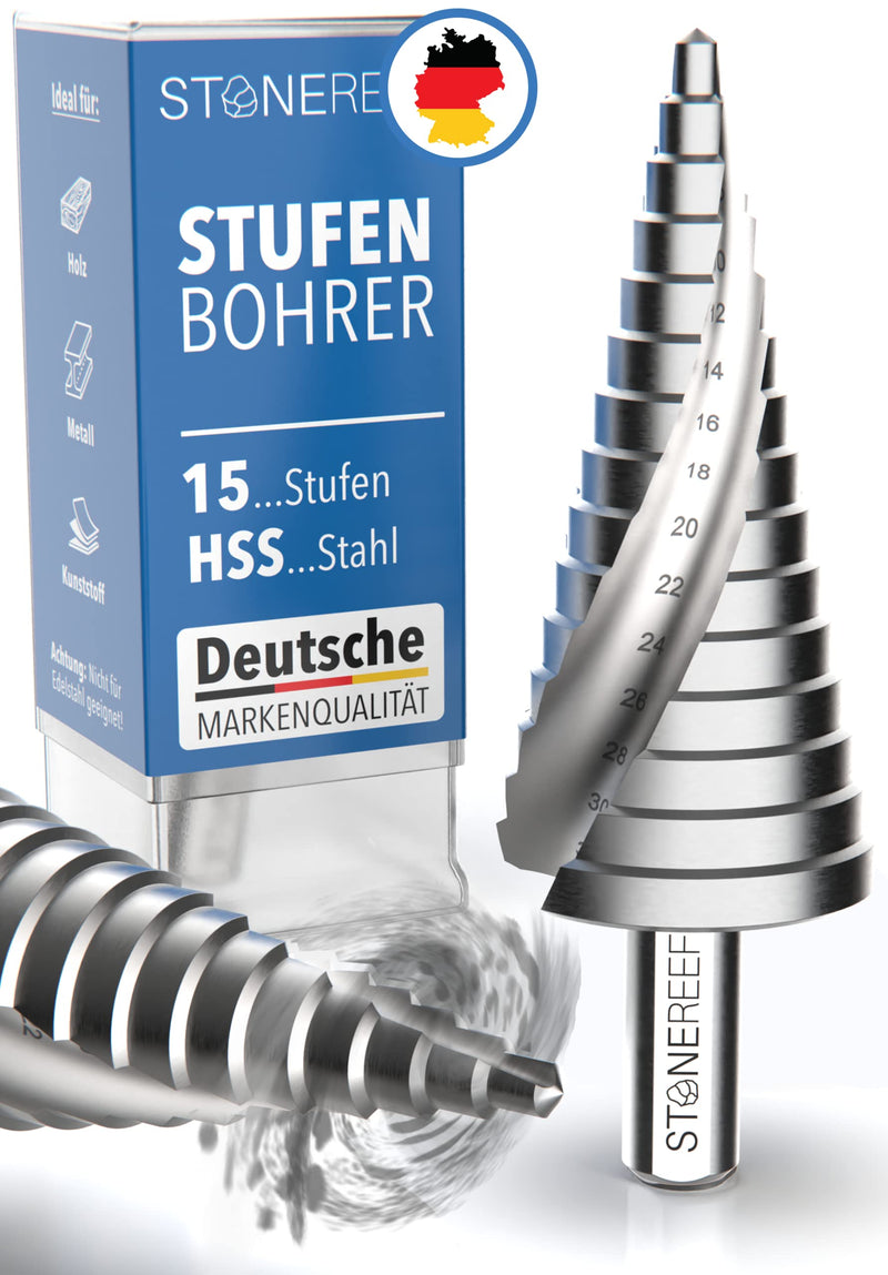 STONE REEF Stufenbohrer Profi aus HSS Stahl - [15 Stufen | Ø 4-32mm] - Kegelbohrer, Schälbohrer, Metall, Lochbohrer, Blechbohrer, Kunststoffbohrer, Lochfräser, Fräsbohrer, Lochschneider