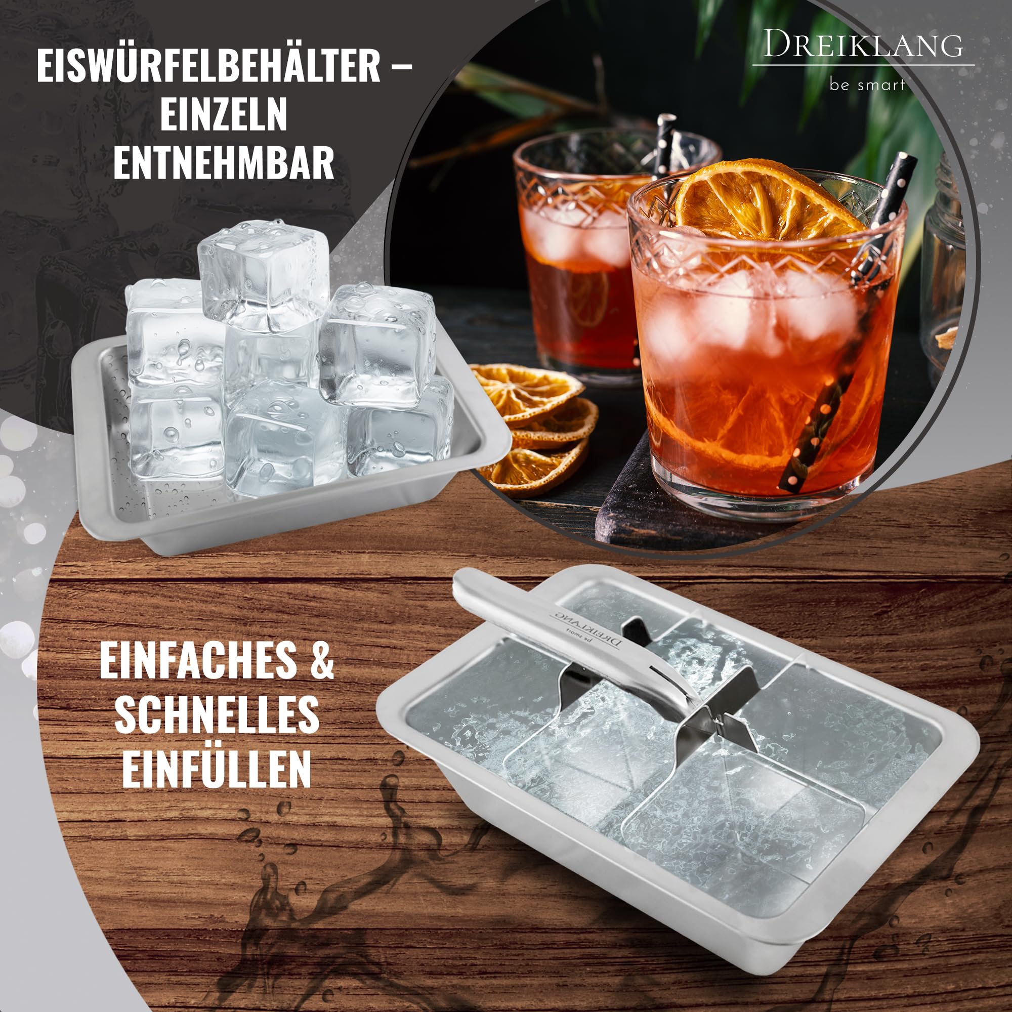 Dreiklang - be smart® 18/8 Edelstahl XXL Eiswürfelform für Whiskey mit Hebeleinsatz für müheloses Entnehmen I Poliert I Lebensmittelecht & Langlebig Cocktail Longdrinks I Alternative zu Eissteinen