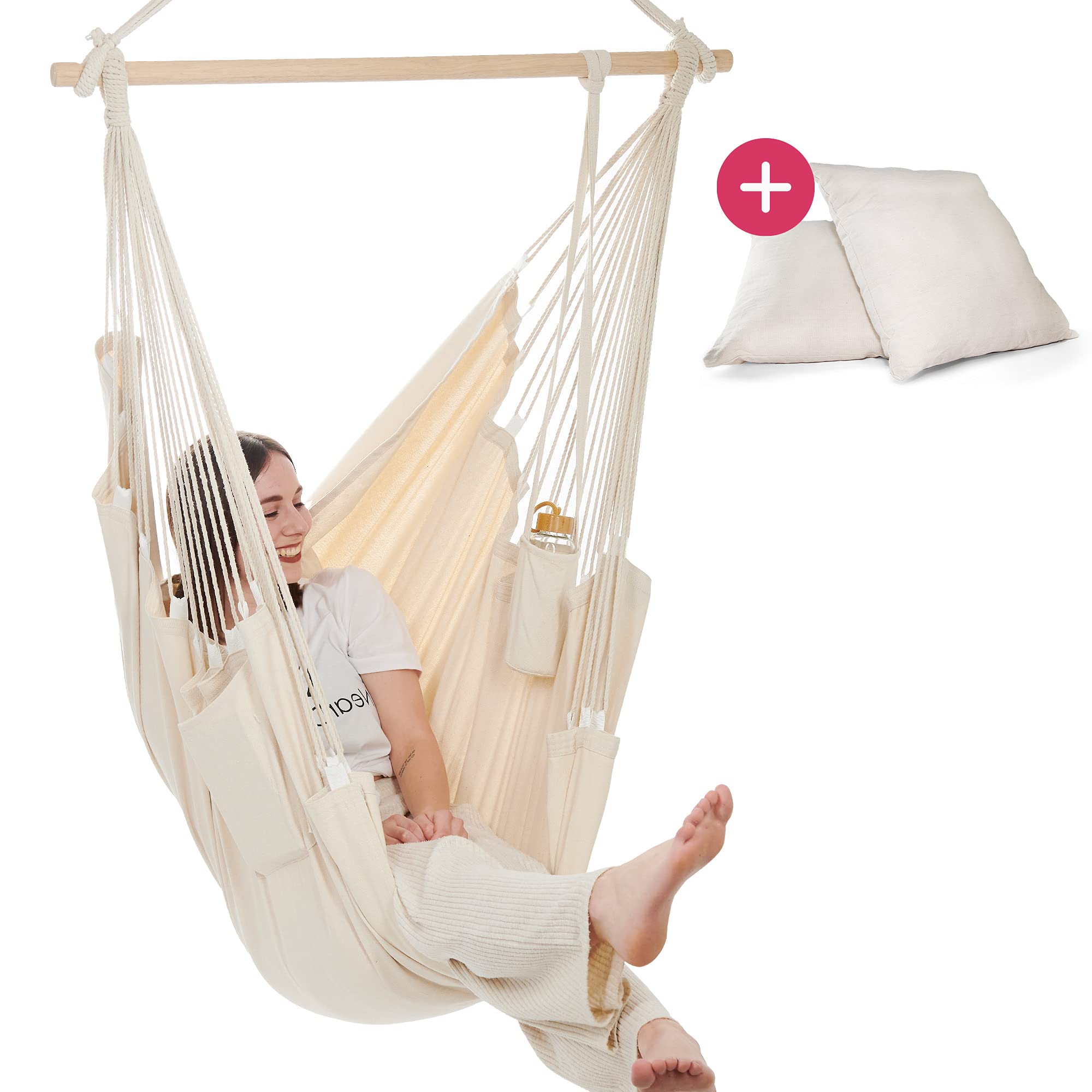 NearDistance® Hängesessel Unity mit Montageset, Hängestuhl Indoor Outdoor, Hängesessel ohne Gestell, Hängeschaukel für Erwachsene & Kinder, mit Fußablage & Kissen (Beige MIT Montageset)