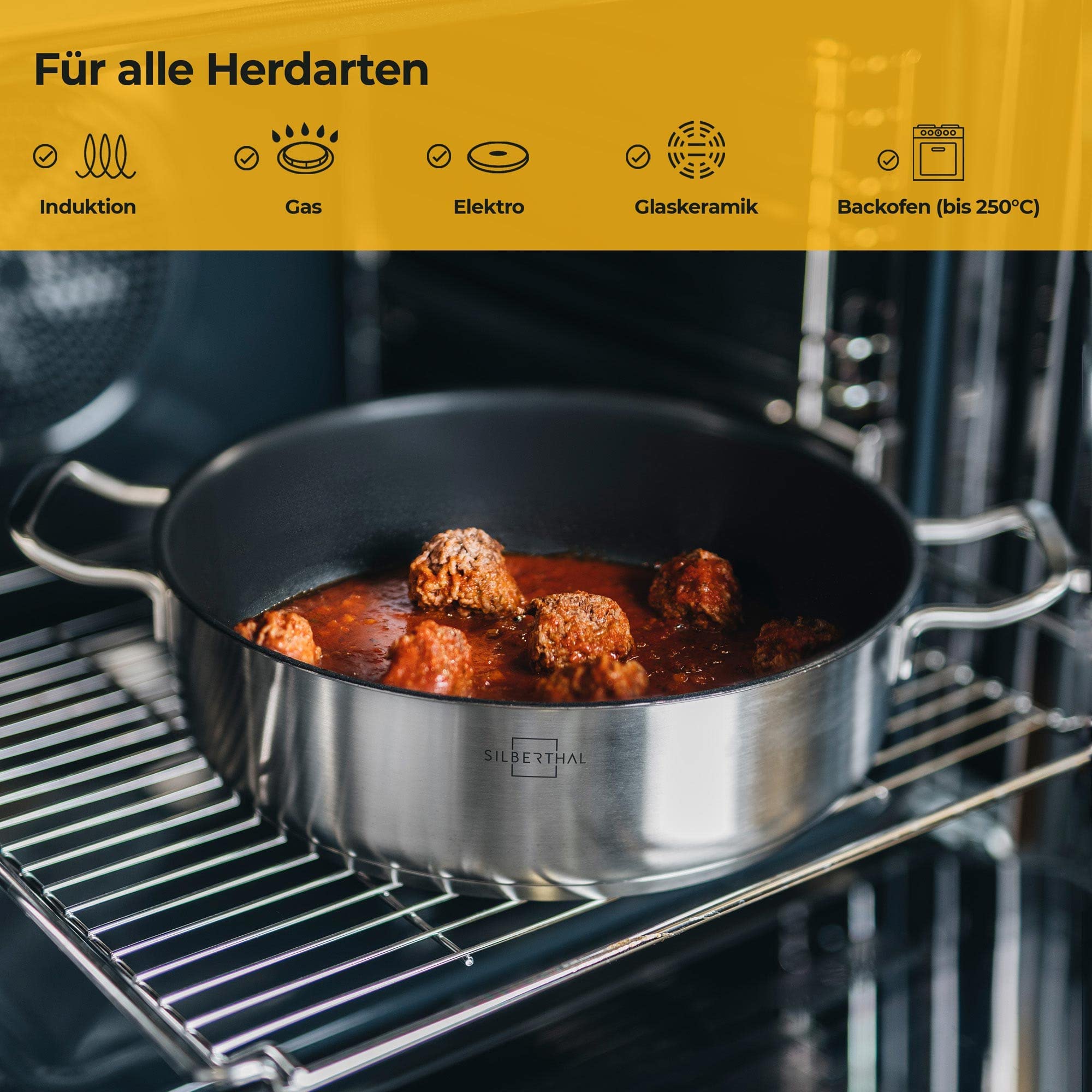 SILBERTHAL Servierpfanne 28 cm hoher Rand - Induktion - Edelstahl - Beschichtete Schmorpfanne mit Deckel - 5l - Backofengeeignet