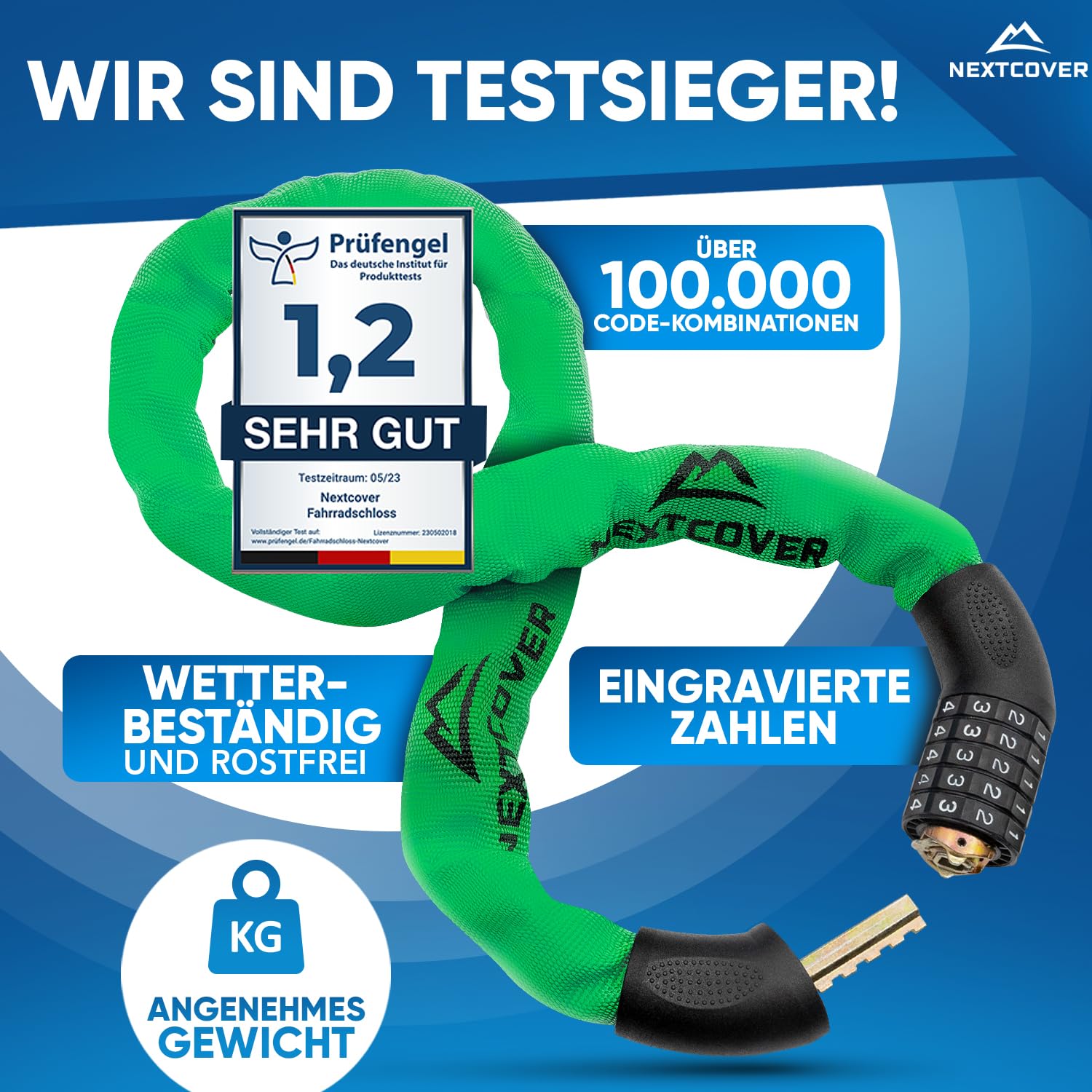 NEXTCOVER® NEU Fahrradschloss mit Zahlencode [SAFESECURE] für hohe Sicherheit I Schloss mit 5- stelligem Zahlencode I Zahlenschloss Fahrrad Stahl I Bike Lock perfekt für E-Bike I Kettenschloss (Grün)