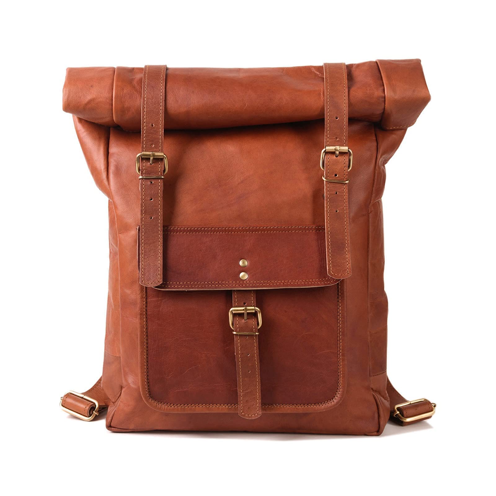 Leather Lane 'Ricardo' Rucksack Echtes Leder Vintage Roll Top Tagesrucksack für Damen und Herren Fahrradrucksack Kurierrucksack Laptoprucksack rollbar Naturleder Braun