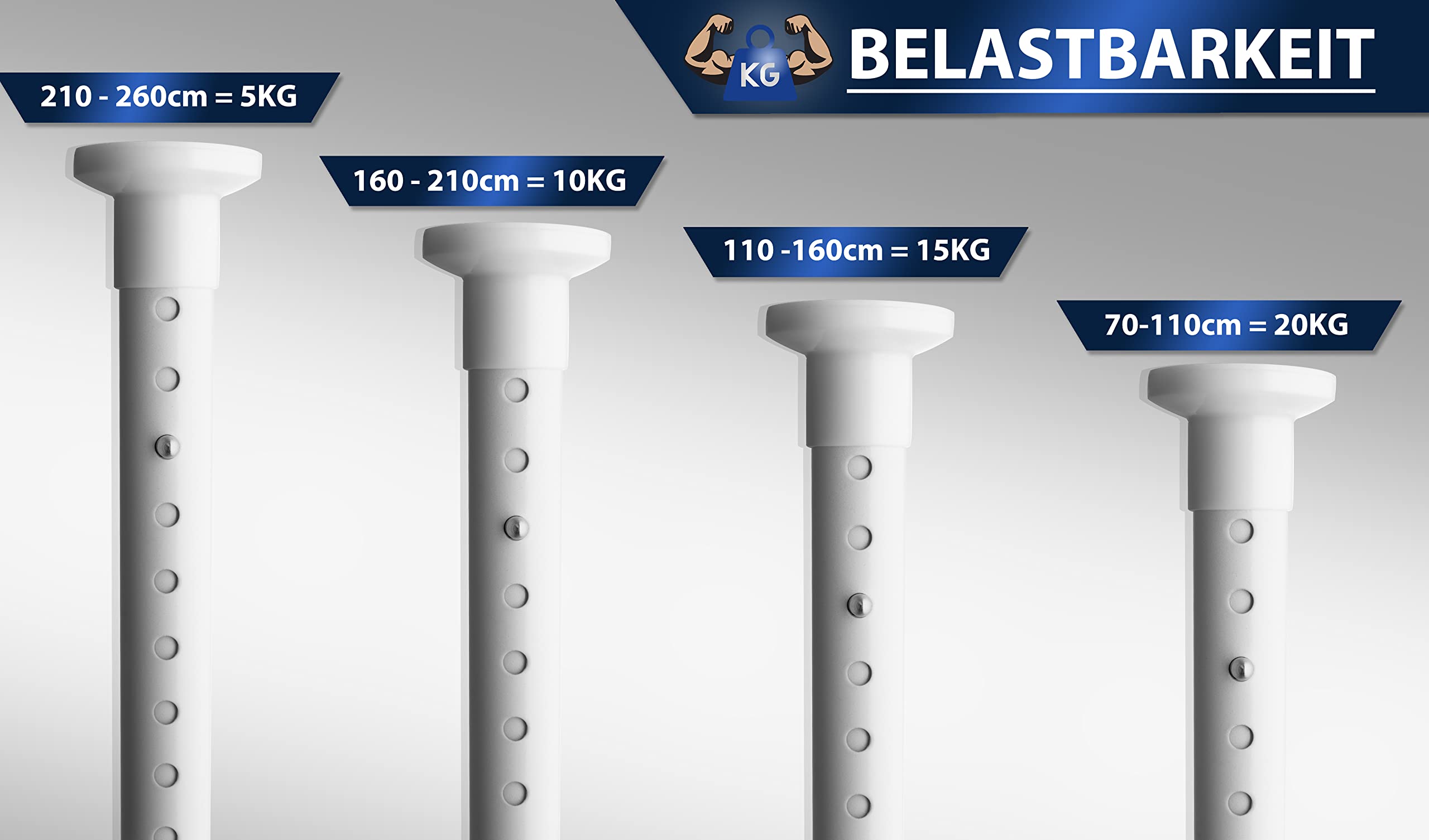 MEISENBERG Gardinenstange ohne Bohren 210-260cm, Ø25mm Matt Schwarz belastbare Klemmstange zum Ausziehen - Vorhangstange, Teleskopstange - für ihre Gardinen, Trennwand und Balkon