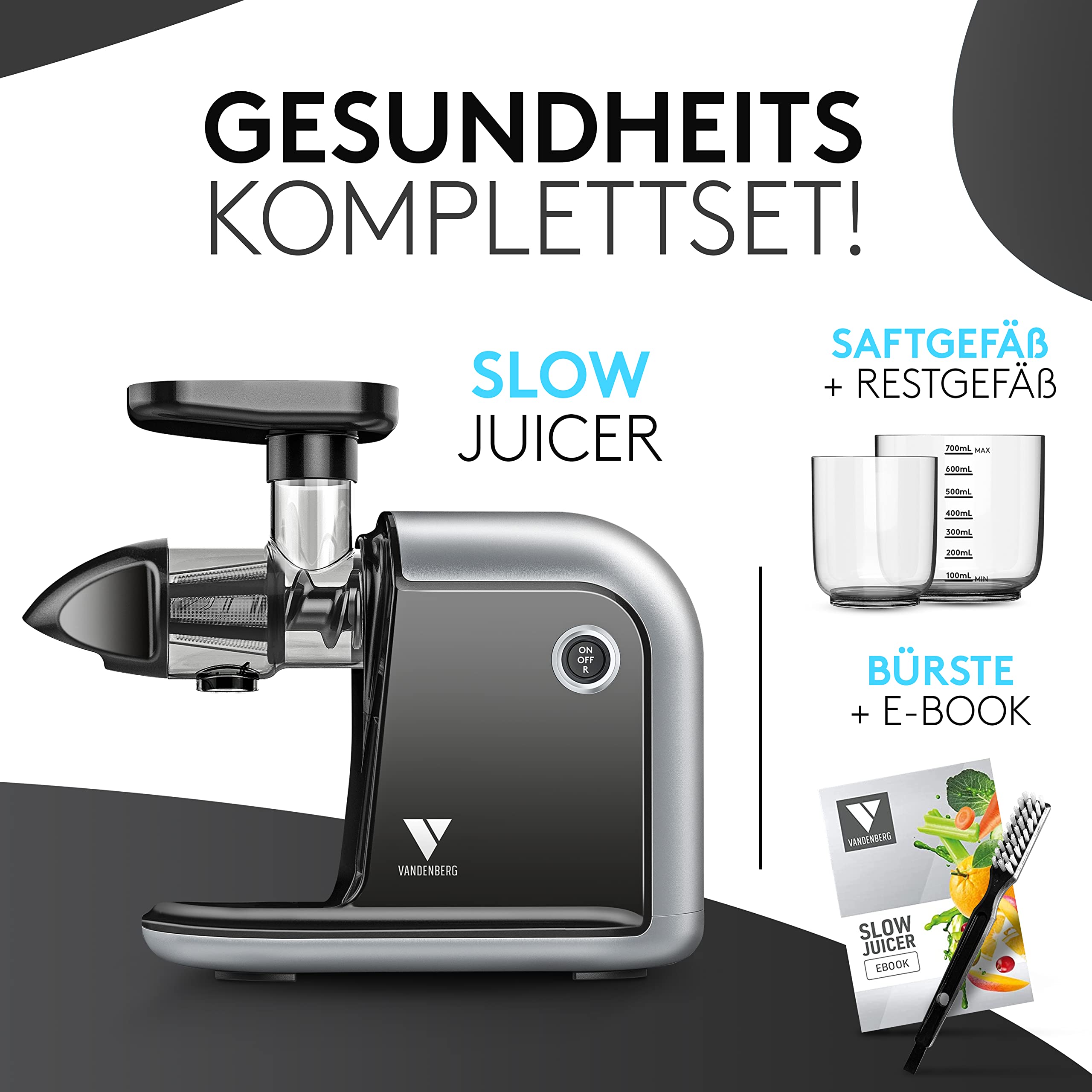 Vandenberg [DAS ORIGINAL] - Slow Juicer - Entsafter Gemüse und Obst - [150 W] Vitaminschonender Obstentsafter mit Umkehr Funktion Inkl. Reinigungsbürste - BPA Frei