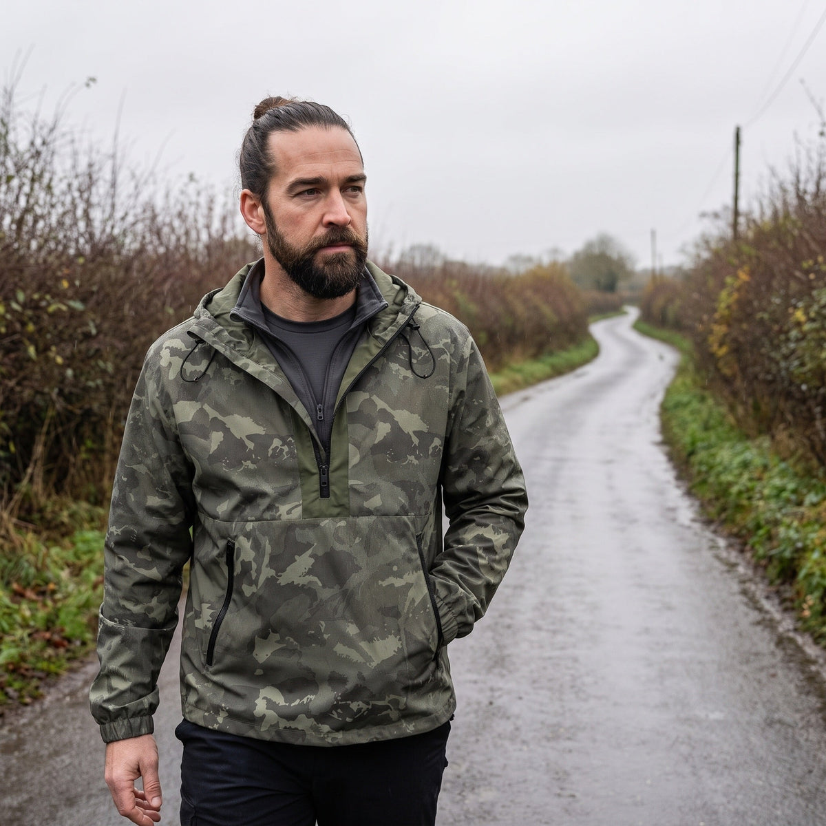 Herren Camo-Windbreaker – leichter Anorak mit Kapuze, Halbreißverschluss