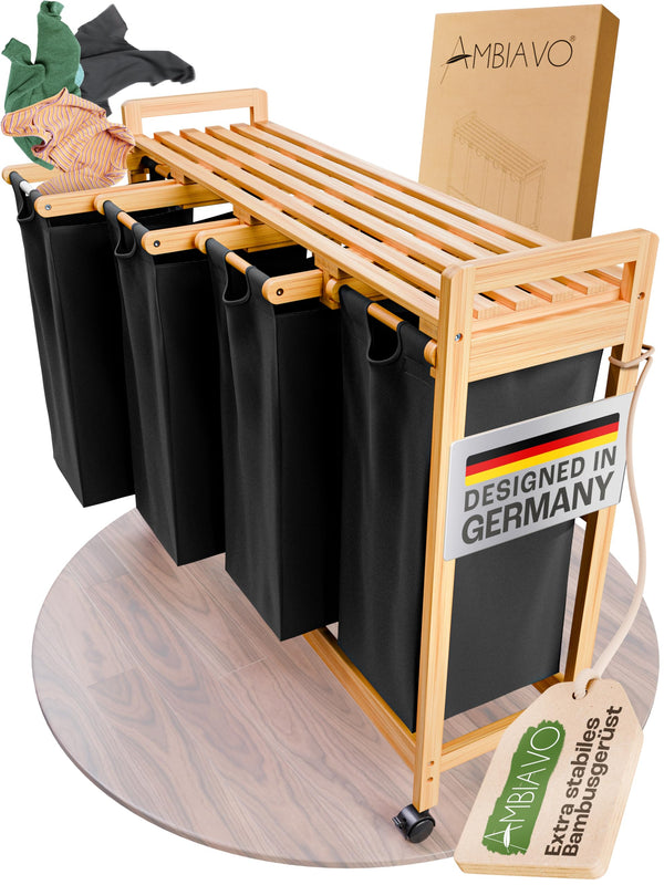 AMBIAVO® Wäschekorb 4 Fächer schwarz mit Rollen [Wäschesäcke aus Baumwolle] - Wäschesammler für Schmutzwäsche | Wäsche Sortiersystem | Wäschesortierer Holz | Wäschebox | Wäschekorb mit Ablage