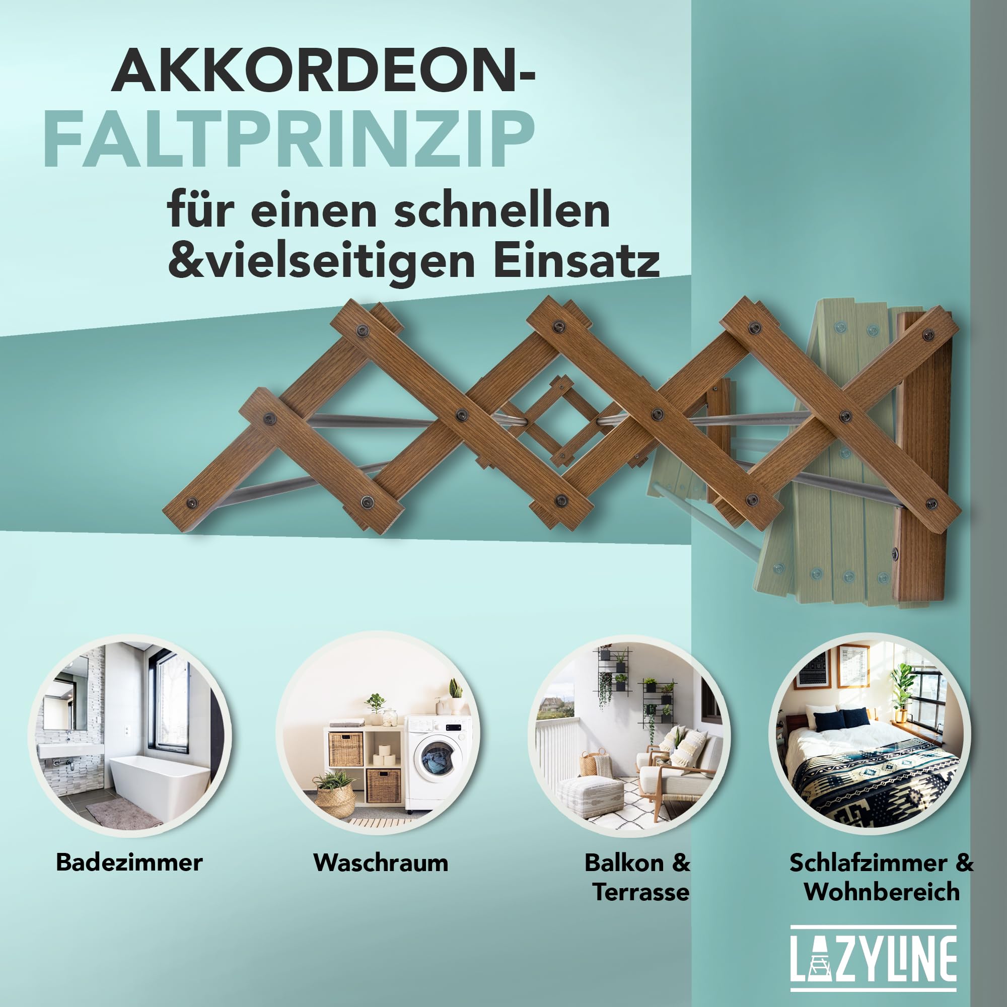 LAZYLINE® Wäscheständer Metall schwarz/Thermo-Esche zur Wandmontage [wasserabweisend] platzsparend 5m Länge für Badewanne Balkon draußen/Herrendiener Kleiderständer klein