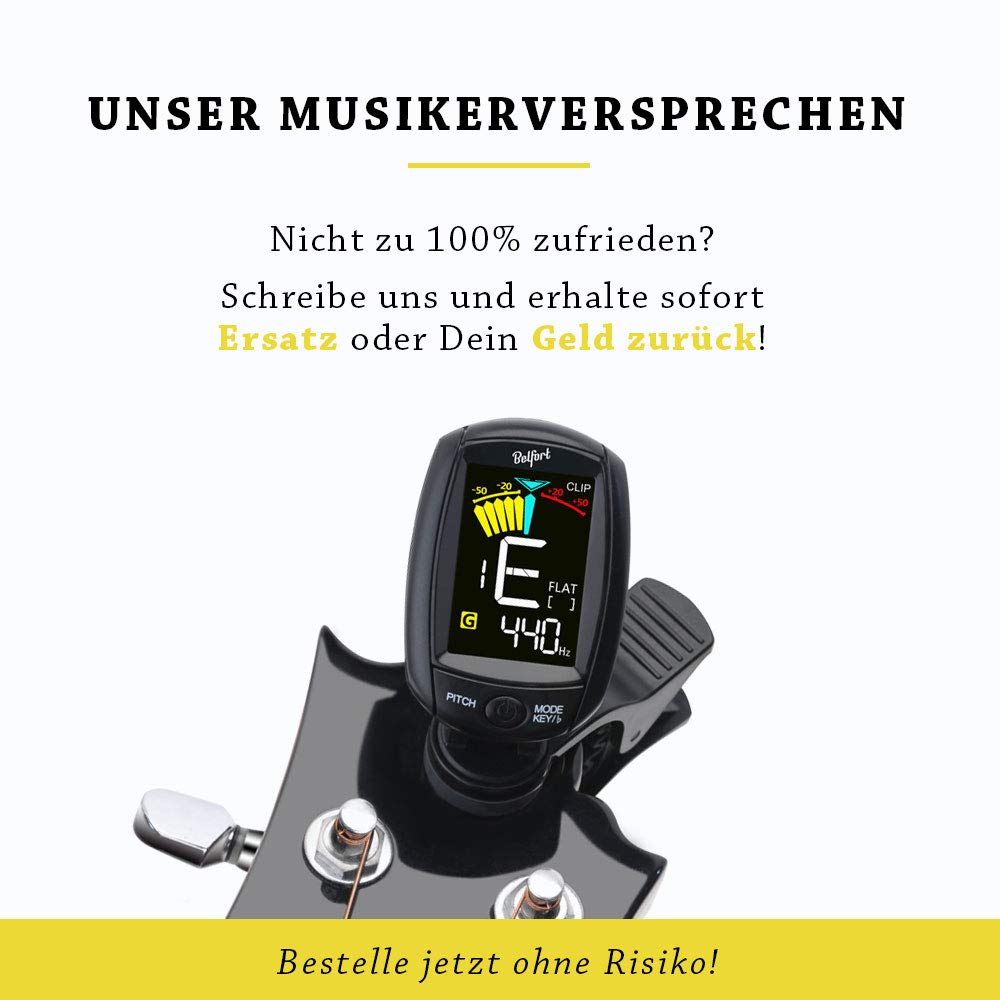 BELFORT® TuneMax kompaktes Clip-On Stimmgerät für alle Instrumente - Universal-Stimmgerät für Gitarre, Ukulele, Violine, Bass und Chromatisch (Universal Modus) + BONUS: eBook