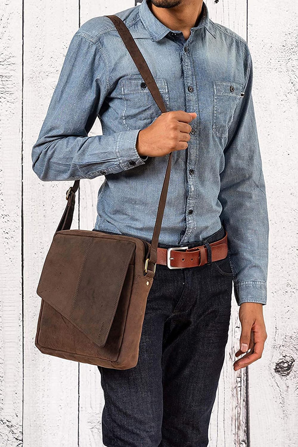 LEABAGS Leder Umhängetasche Herren & Damen I Messenger Bag mit Schultergurt I Schultertasche I Arbeitstasche I Tragetasche I Handtasche I Echtleder Tasche I Nature Dunkelbraun