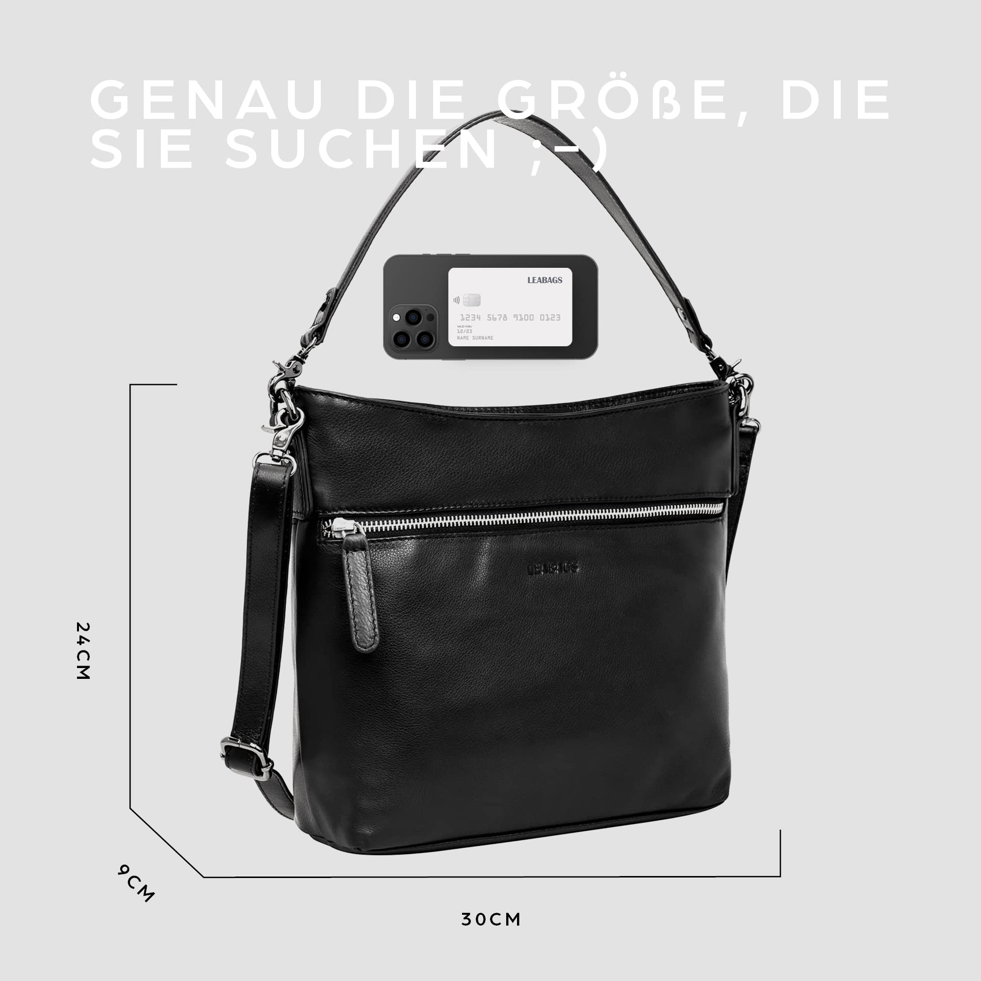 LEABAGS Toronto Umhängetasche I Echtes Leder I Handtasche für Damen I Schultertasche I 30x9x24 cm I Shopper Schwarz