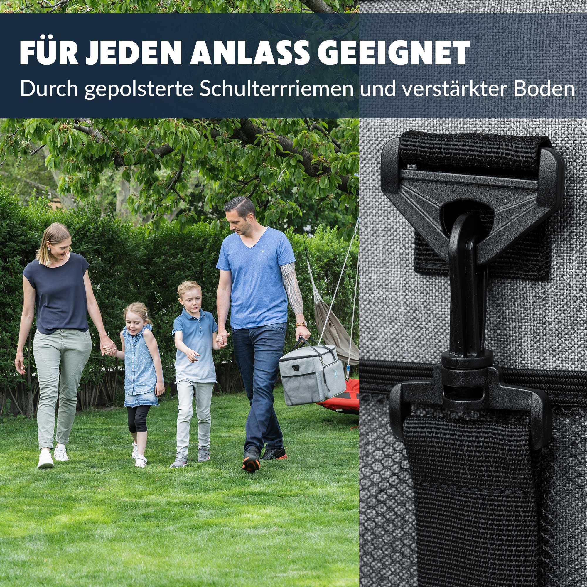 Obics Kühltasche Gross faltbar 30l Kühlbox Isoliertasche Grau für Auto, Strand - Lunchtasche Camping Zubehör - Picknick-Tasche groß - Gefriertasche & Essenstasche isoliert - Thermotasche wasserdicht