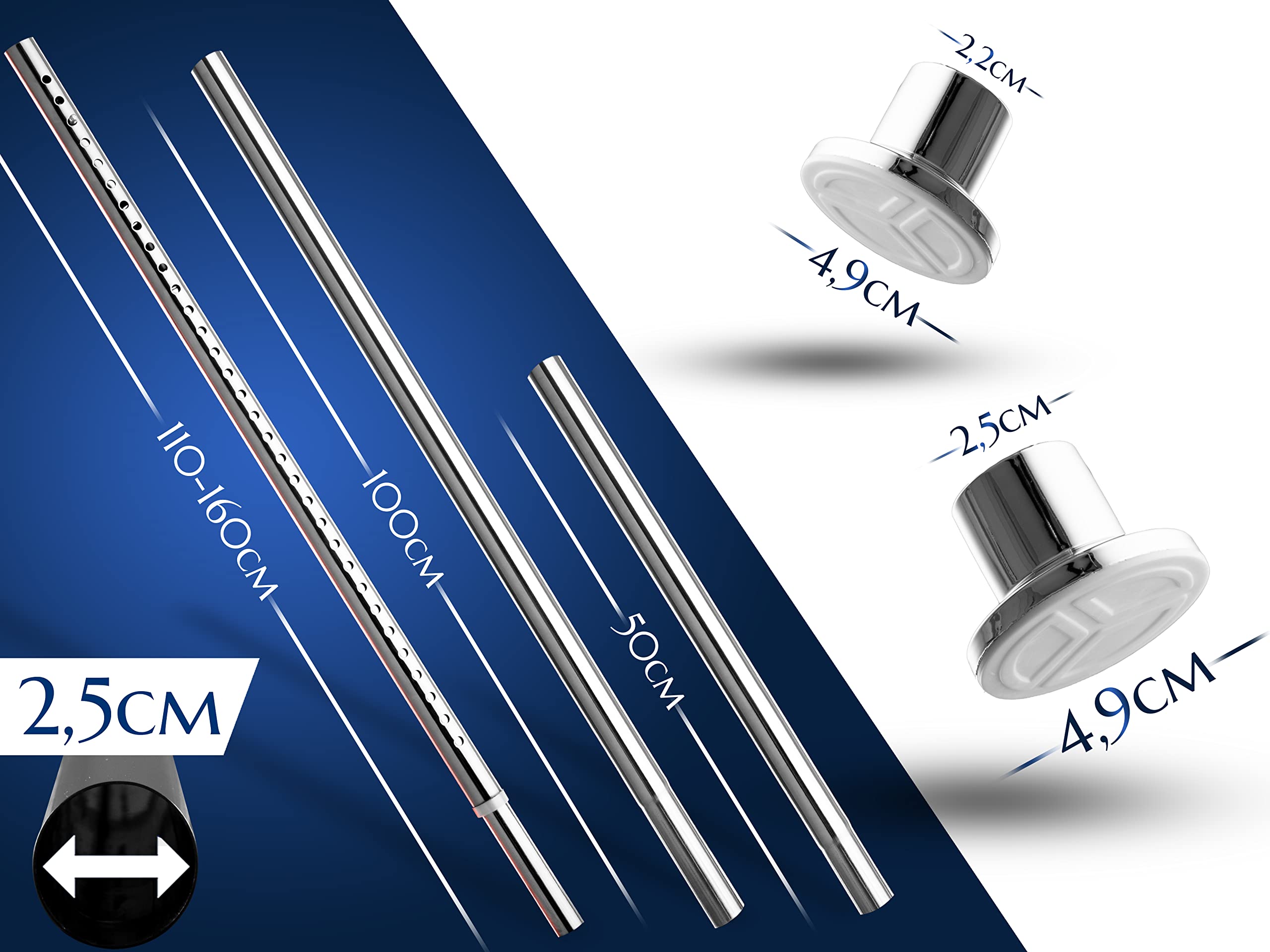 MEISENBERG Rostfreie Teleskopstange ohne Bohren 260-310cm, Ø25mm Weiß Multifunktionale Gardinenstange Klemmbar - Vorhangstange, Spannstange Ausziehbar - für ihre Gardinen, Trennwand und Balkon