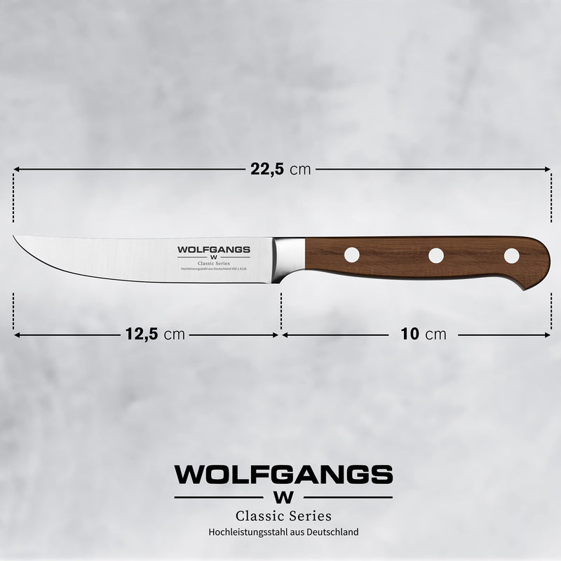 Wolfgangs Edles Steakmesser Set - 100% rostfreie Steak Messer mit Edelstahl-Klinge - Steakmesser Holzgriff - Premium Steakbesteck auch für festes Fleisch - Extrascharfes Messerset