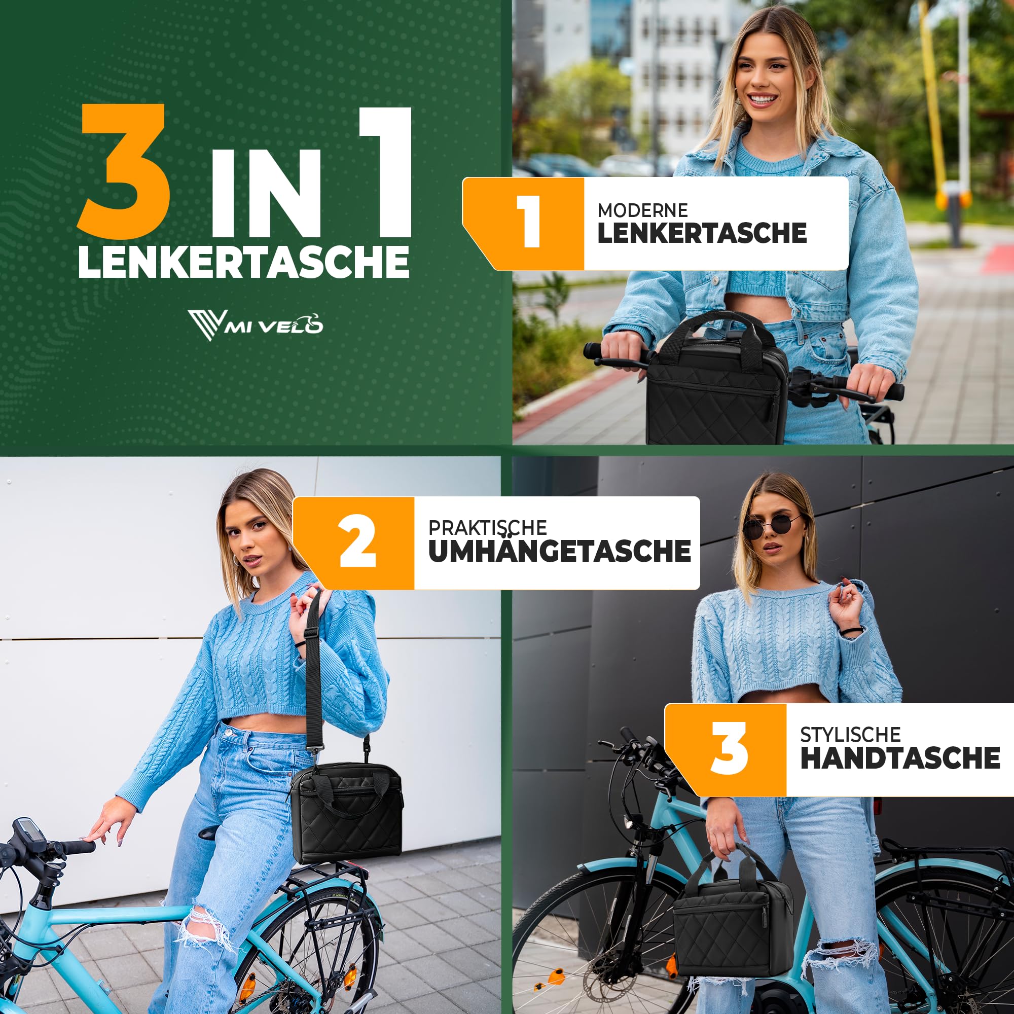 MIVELO Lenkertasche Fahrrad für KLICKfix - Fahrradtasche Lenker - wasserabweisend & geräumig - Lenkertasche - Tasche Lenker - E-Bike tauglich (Schwarz)