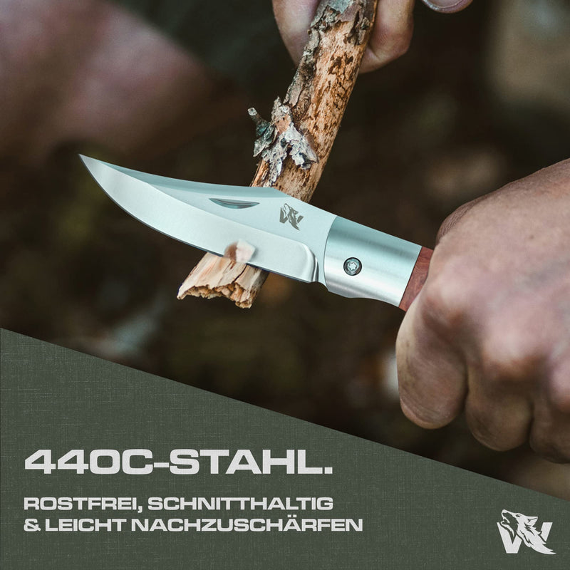 Wolfgangs VIRUM Zweihand-Klappmesser - Ein echter Gentlemen Folder mit hochwertigem Wurzelholz Griff - Taschenmesser Holzgriff - Edles Survival Outdoor Messer - Zweihandmesser inkl. Echt-Leder Tasche