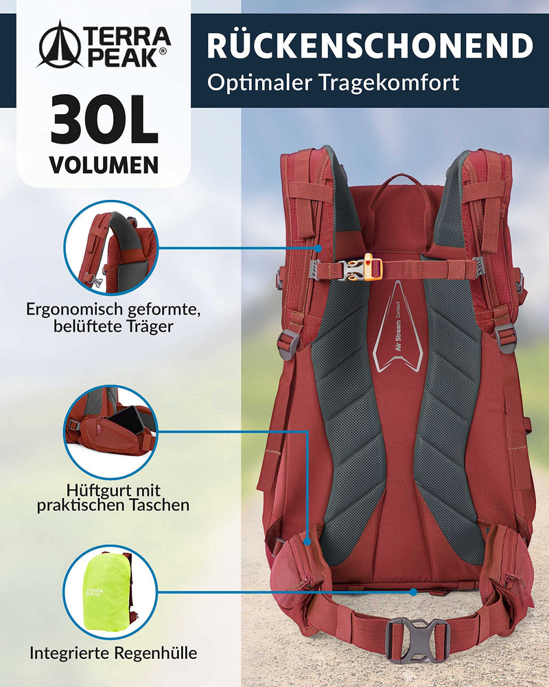 Terra Peak Wanderrucksack 30L Flex 30 Herren Damen rot - Outdoor Tages-rucksack zum wandern - Daypack leicht wasserdicht Sport-aktivitäten - ergonomischer Rucksack mit abnehmbarem Hüftgurt Erwachsene