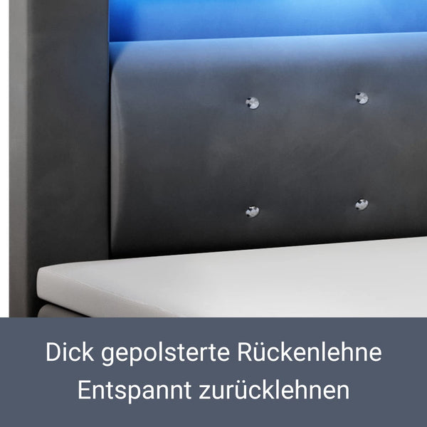 Juskys Boxspringbett Vancouver 180x200 cm — Doppelbett mit LED-Beleuchtung, Topper & Bonell-Federkern-Matratzen — Bett Polsterbett Grau mit Stoff