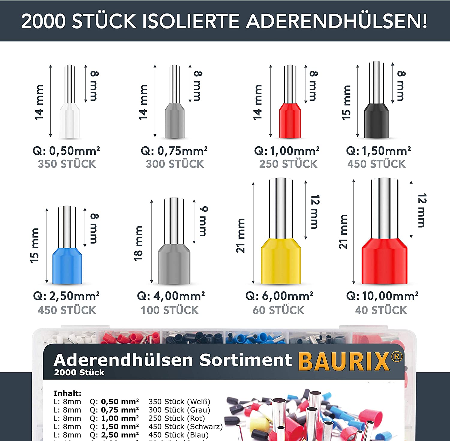 BAURIX® Crimpzange mit 2000 Aderendhülsen Set I Aderendhülsenzange mit Kraftregler [Für 0,25-10mm²] I Krimpzange, Crimpzangen, Crimp Zange, Presszange