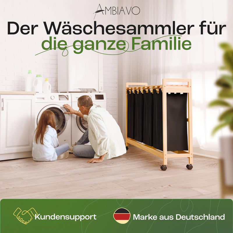 AMBIAVO® Wäschekorb 4 Fächer schwarz mit Rollen [Wäschesäcke aus Baumwolle] - Wäschesammler für Schmutzwäsche | Wäsche Sortiersystem | Wäschesortierer Holz | Wäschebox | Wäschekorb mit Ablage