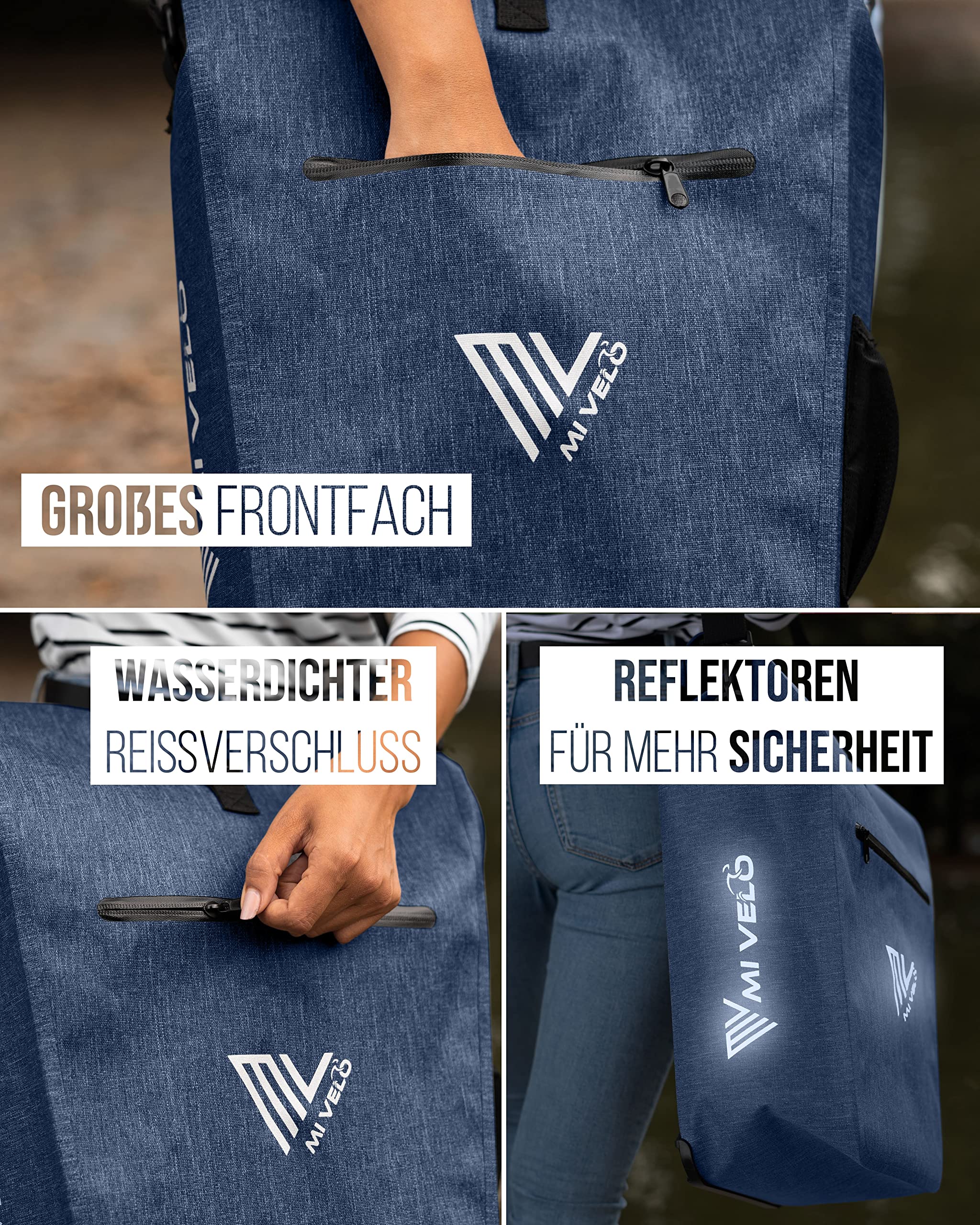 MIVELO 2in1 Fahrradtasche Gepäckträgertasche wasserdicht 100% PVC frei + Laptopfach + Schloss – Fahrrad Tasche für Gepäckträger 1 STK Jeans-blau