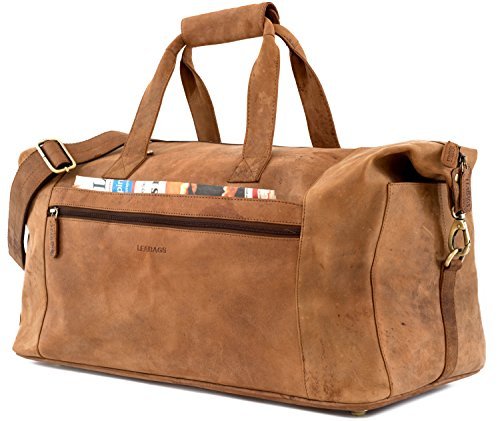 LEABAGS Dubai Reisetasche l Weekender l Reise Handgepäck l Bordgepäck l Kabinengröße l Cabin Size aus echtem Büffelleder l Vintage Look l Braun l 49x25x27 cm