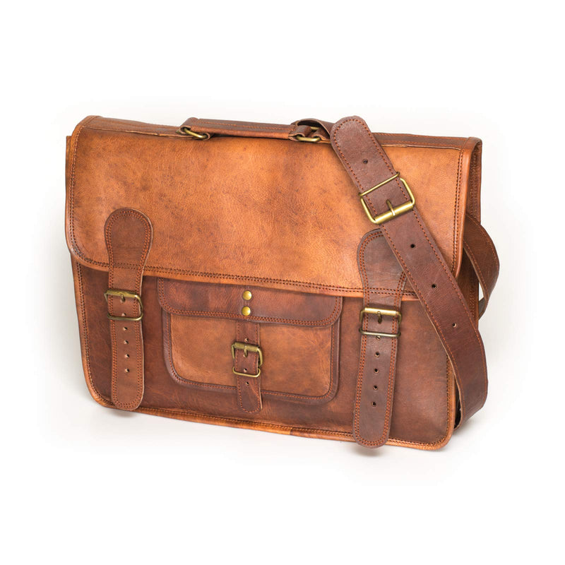 Leather Lane 'Samuel' Schultertasche Echtes Leder 16 Zoll Messenger Bag Vintage Aktentasche Business Tasche Unitasche Laptoptasche Umhängetasche Naturleder Braun