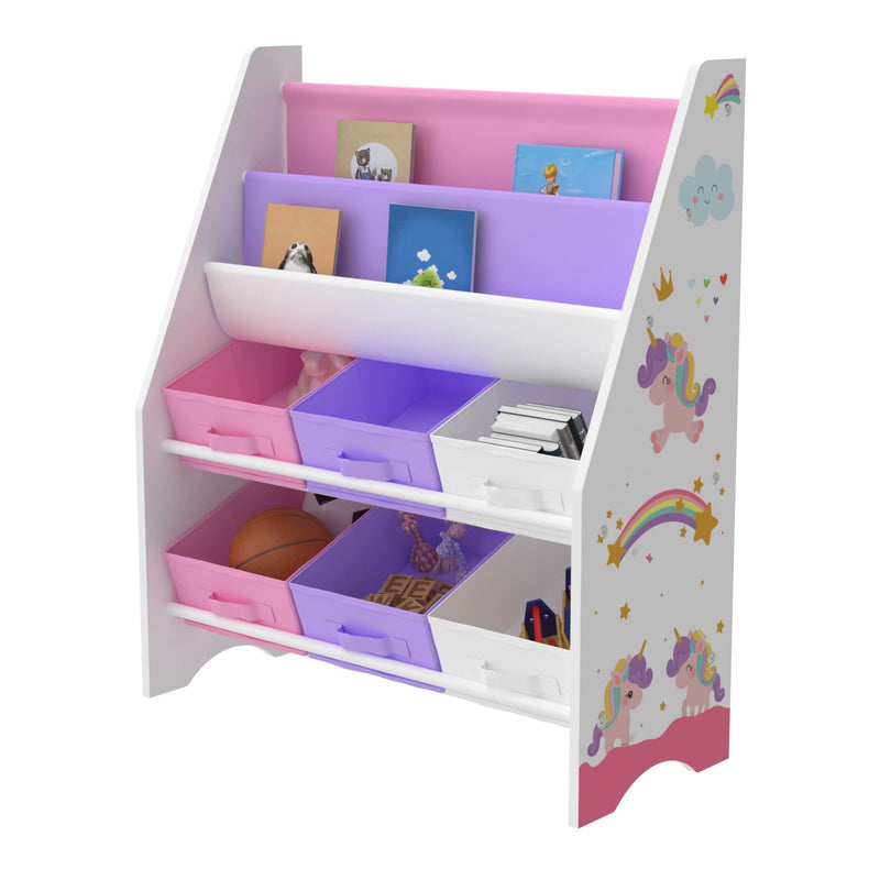 [en.casa] Kinderregal Ponteceso Bücherregal mit 2 Ablagefächern Spielzeugregal 6 Boxen Bücherkiste mit Einhorn-Motiv Weiß Lila Rosa Kinderzimmer Organizer