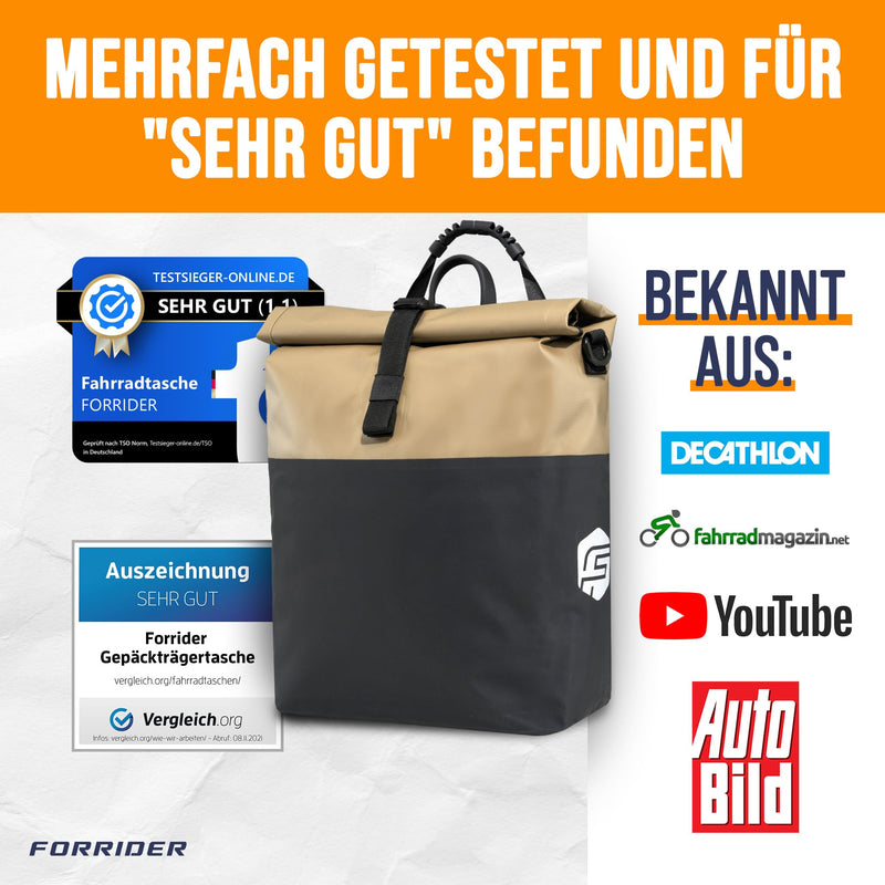 Forrider Fahrradtasche Wasserdicht für Gepäckträger [22L Volumen] mit Schultergurt | Gepäckträgertasche | Einzel | Fahrrad Tasche Packtasche hält an jedem Gepäckträger