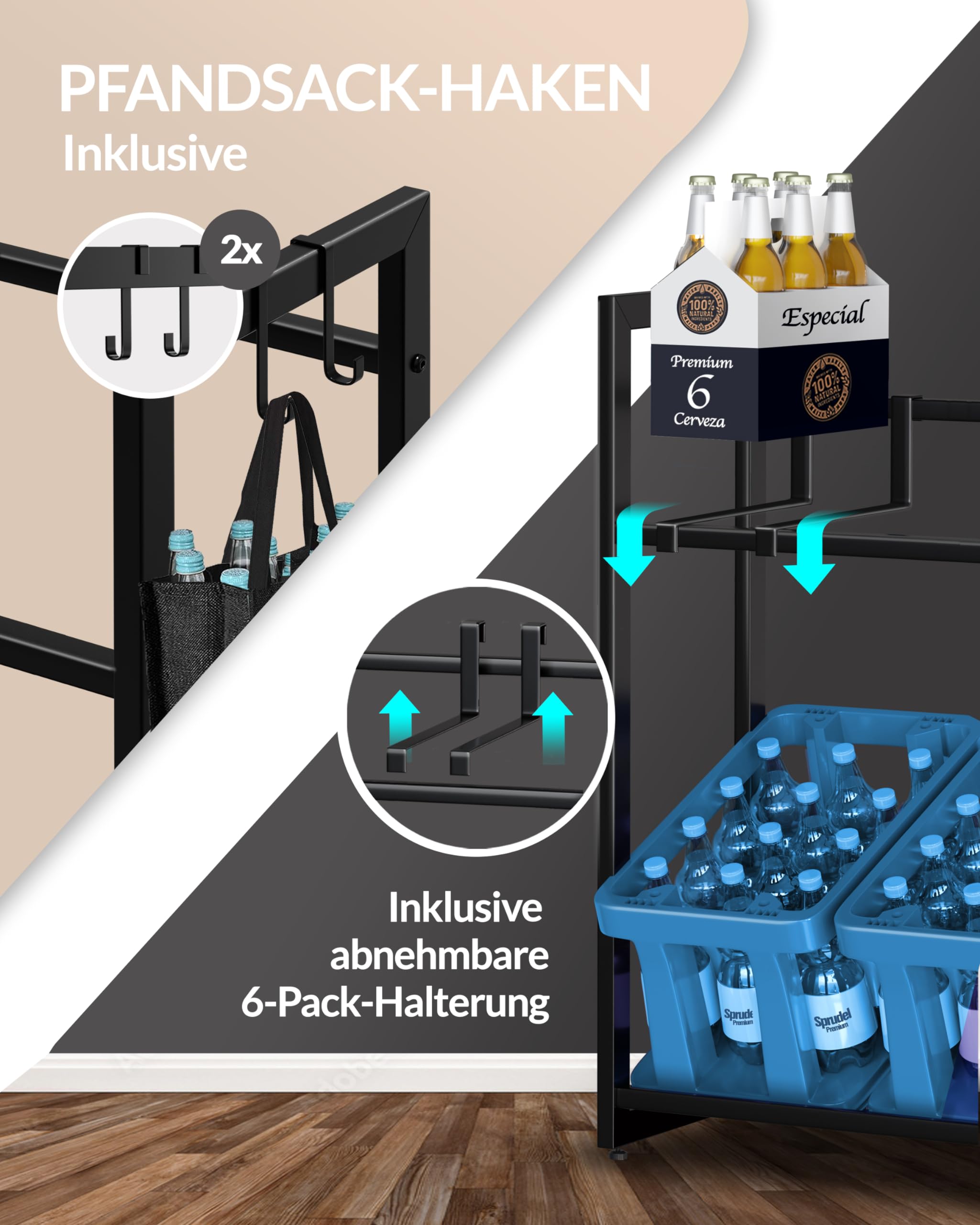 Heldenwunder Getränkekistenregal (6 Kästen) Metall Sixpack-Halter, 2 Haken | Standfest Freistehend Höhenverstellbar + Videoanleitung | Getränke-Kisten-Regal Getränke-Regal Bier-Kisten Wein-Regal