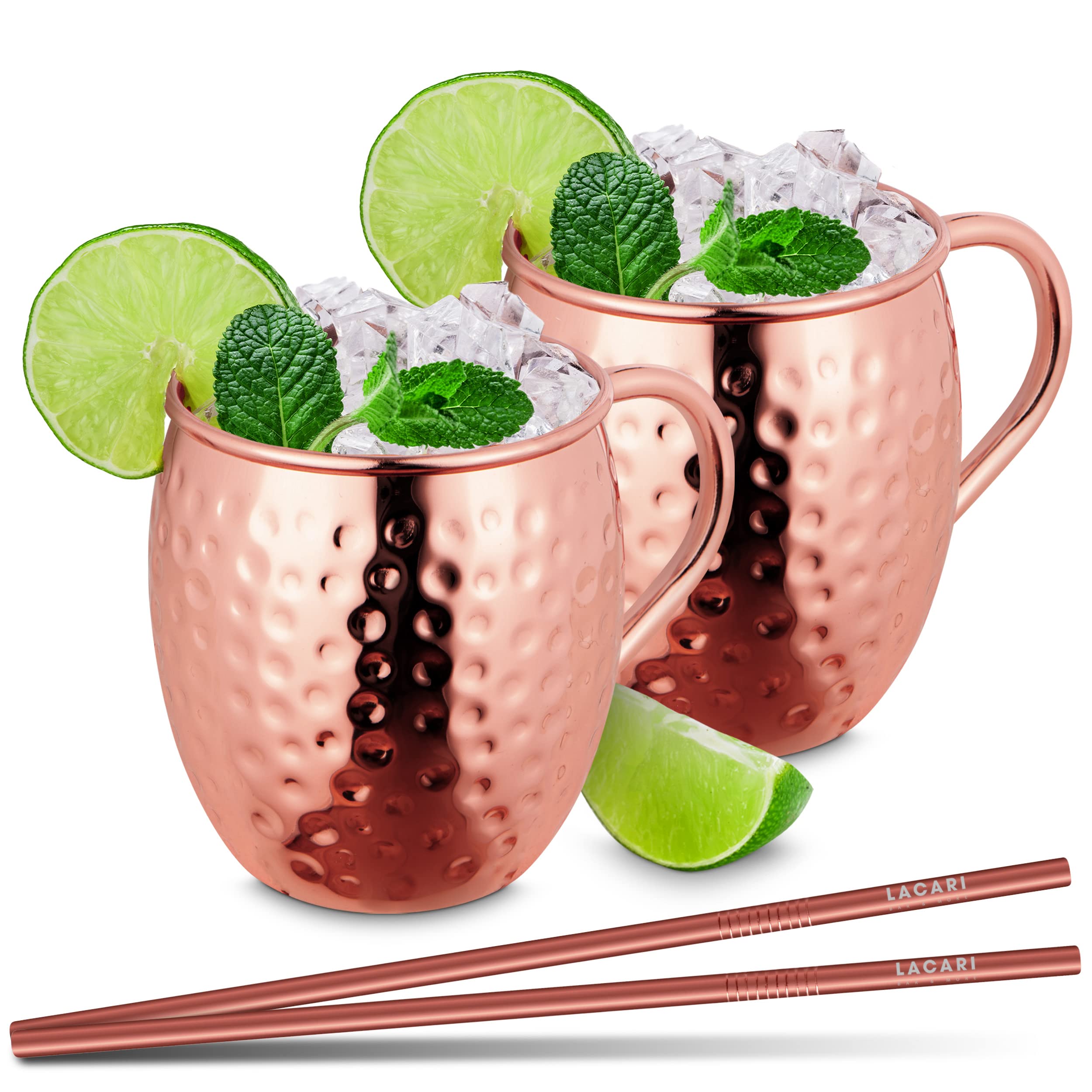 Moscow Mule Becher | Kupferbecher 470ml | Lacari ORIGINAL Set aus 2x Kupferbecher & 2x Strohhalme | Moscow Mule Becher 2er Set | Cocktail Bar Geschenk | Inkl. Moscow Mule E-Book