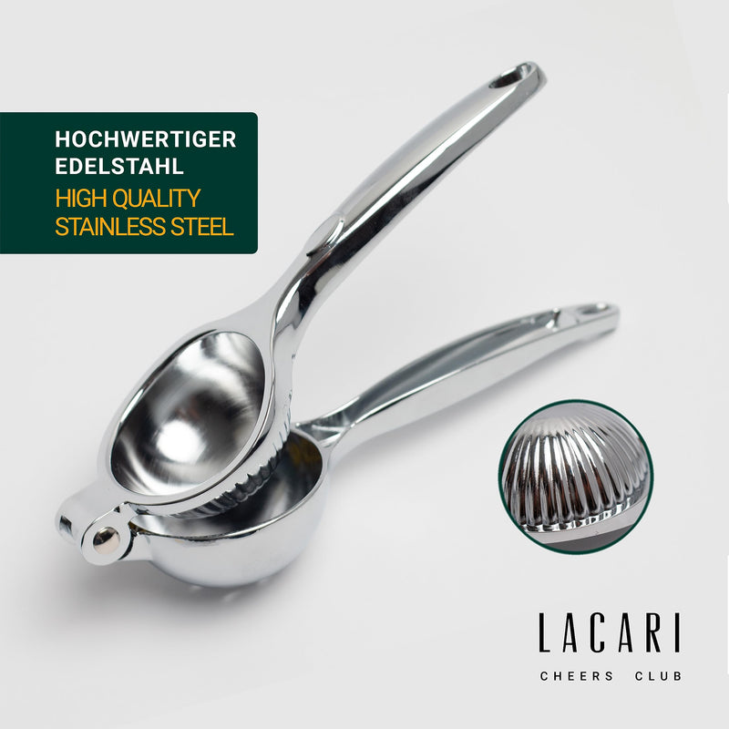 Zitronenpresse | Zitruspresse Edelstahl | Lacari ORIGINAL Lemon Squeezer | Große Handpresse & Saftpresse | Zitruspresse in Silber | Citrus Juicer | Cheers Club