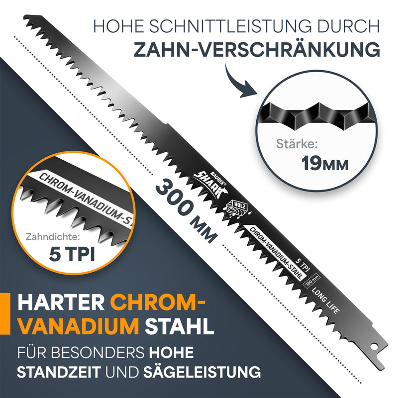 BAURIX® Säbelsägeblätter Holz I SHARK® [5 Stück] I 300 mm, 5 TPI I Sägeblatt Säbelsäge für schnelle und saubere Schnitte I Säbelsägeblatt für Grobholz, Nassholz, Brennholz, lebendes Holz