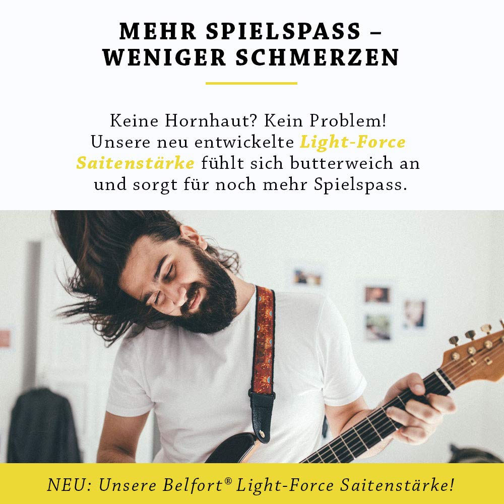 BELFORT® E-Gitarren-Saiten - Erstklassige Nickel-Saiten für E-Gitarre (6-Saiten-Set) | inkl. 4 Plektren + Extra hohe E-Saite