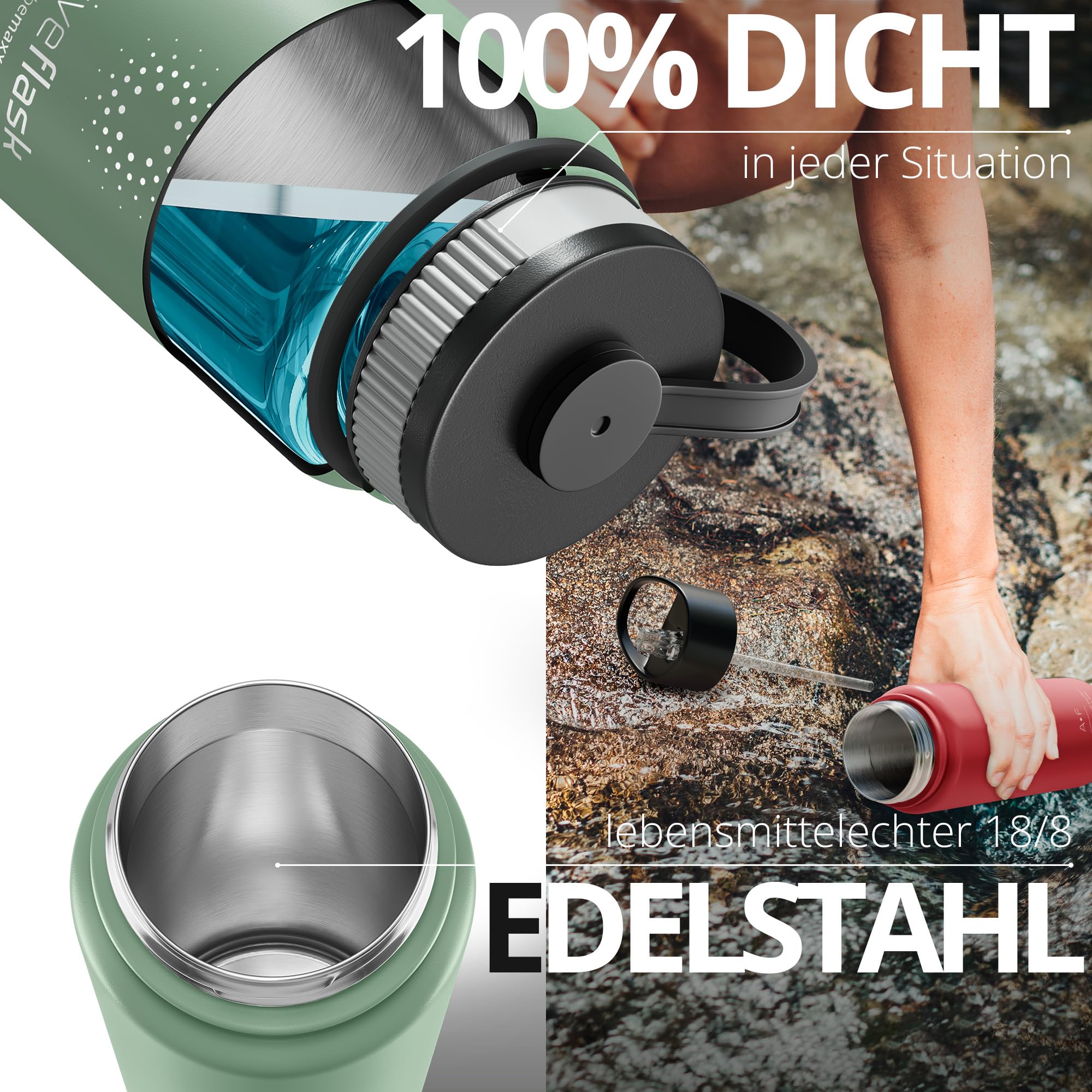 Trinkflasche Edelstahl ACTIVE FLASK + Strohhalm (3 Deckel) BPA-frei, Auslaufsicher, Kohlensäure geeignet - Wasserflasche Fahrrad Thermosflasche Isoliert Isolierflasche Sport Wasser Flasche Kinder Tee