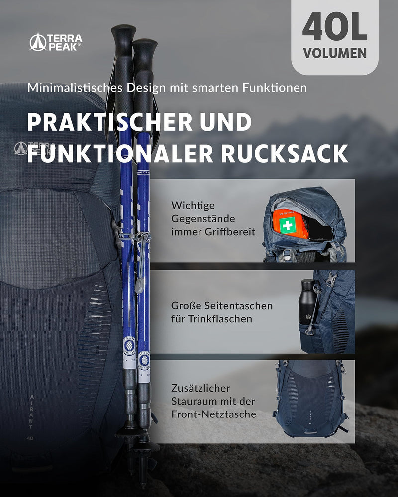 Terra Peak - Wanderrucksack Airant 40 Damen & Herren mit belüftetem Netzrücken blau gross Rückenbelüftung - Trekkingrucksack zum Wandern und Camping mit Trinksystem - unisex outdoor Backpack leicht