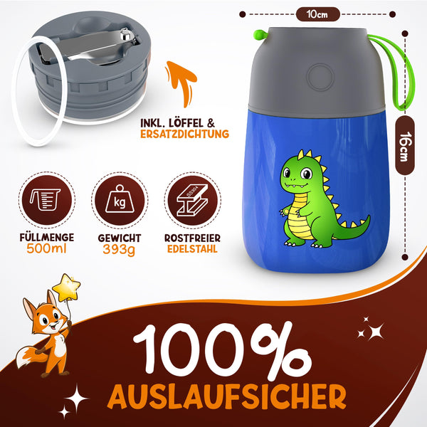 FUNKELFUCHS® Thermobehälter für Essen Kinder – 500ml, Blau Dino – 100% auslaufsicher - Warmhaltebehälter Essen Edelstahl – Thermobecher Essen – Thermo Lunchbox Kinder – Warmhaltebehälter Babybrei