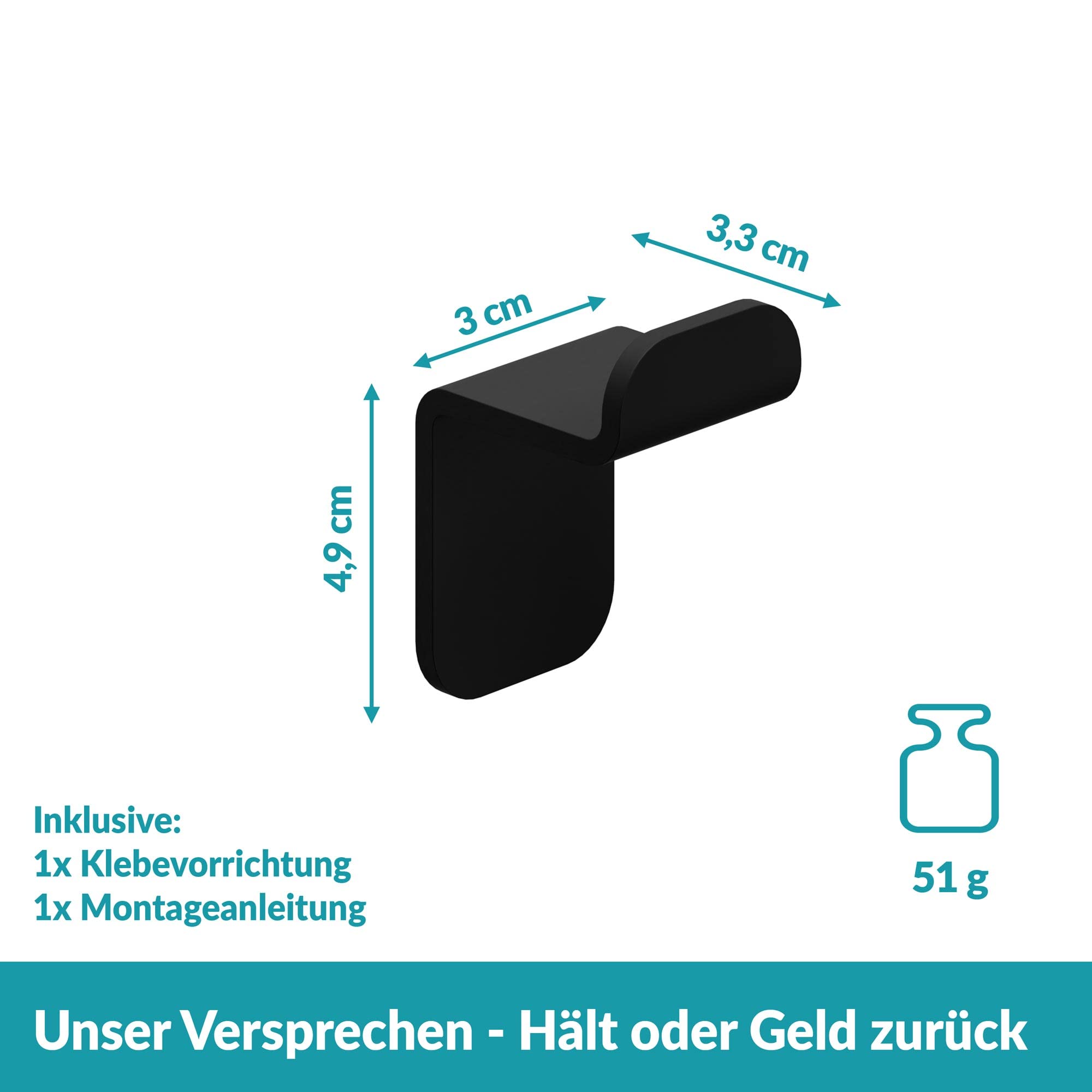 WEISSENSTEIN Handtuchhalter ohne Bohren - Schwarz - Klebehaken aus Edelstahl fürs Bad – 1 Stück