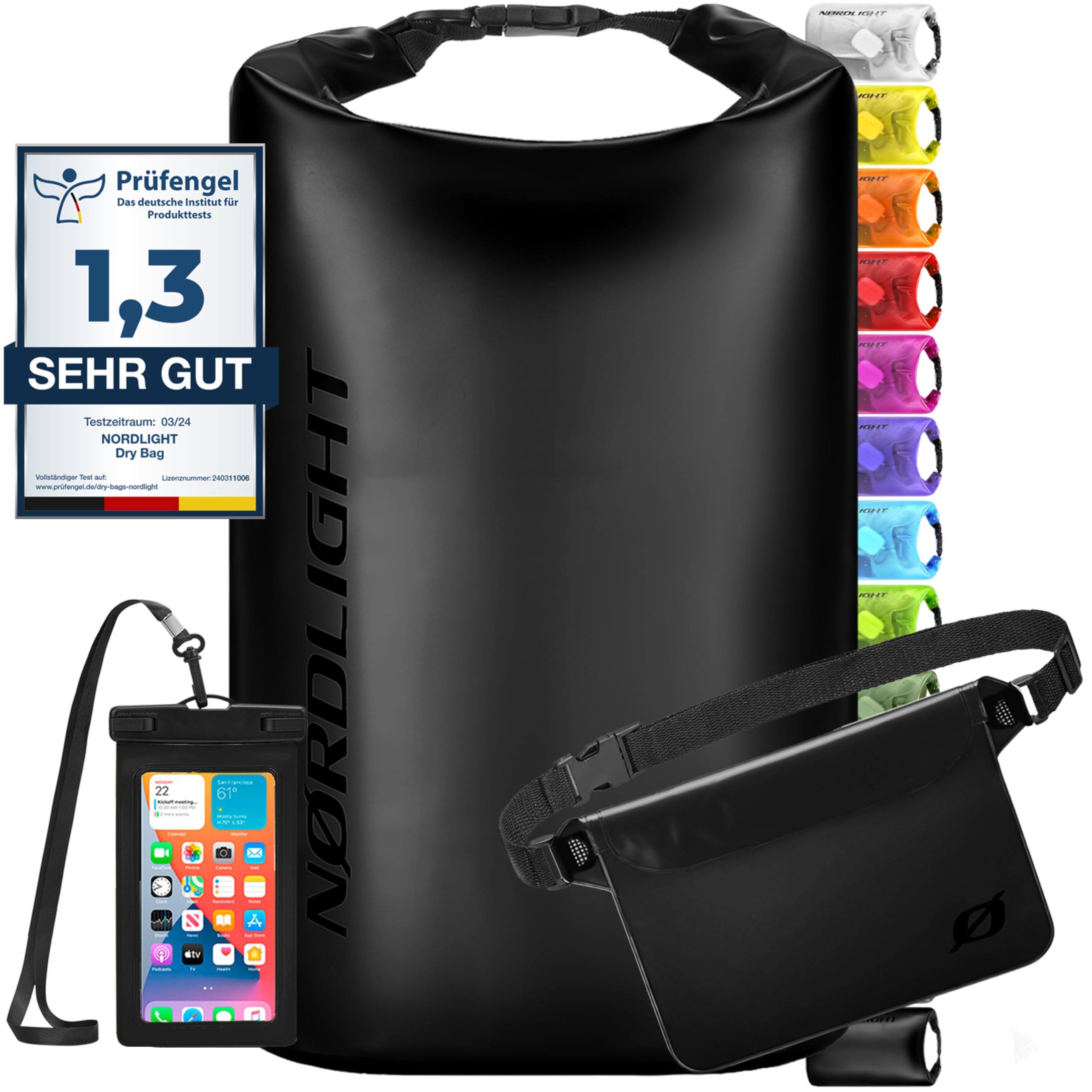 Nordlight wasserdichte Tasche 3er Set (Schwarz) - Dry Bag 30l + wasserdichte Handyhülle + wasserdichte Hüfttasche | IPX8 Schutz | Mit Verstellbaren Gurten Für Strand, Stand Up Paddling