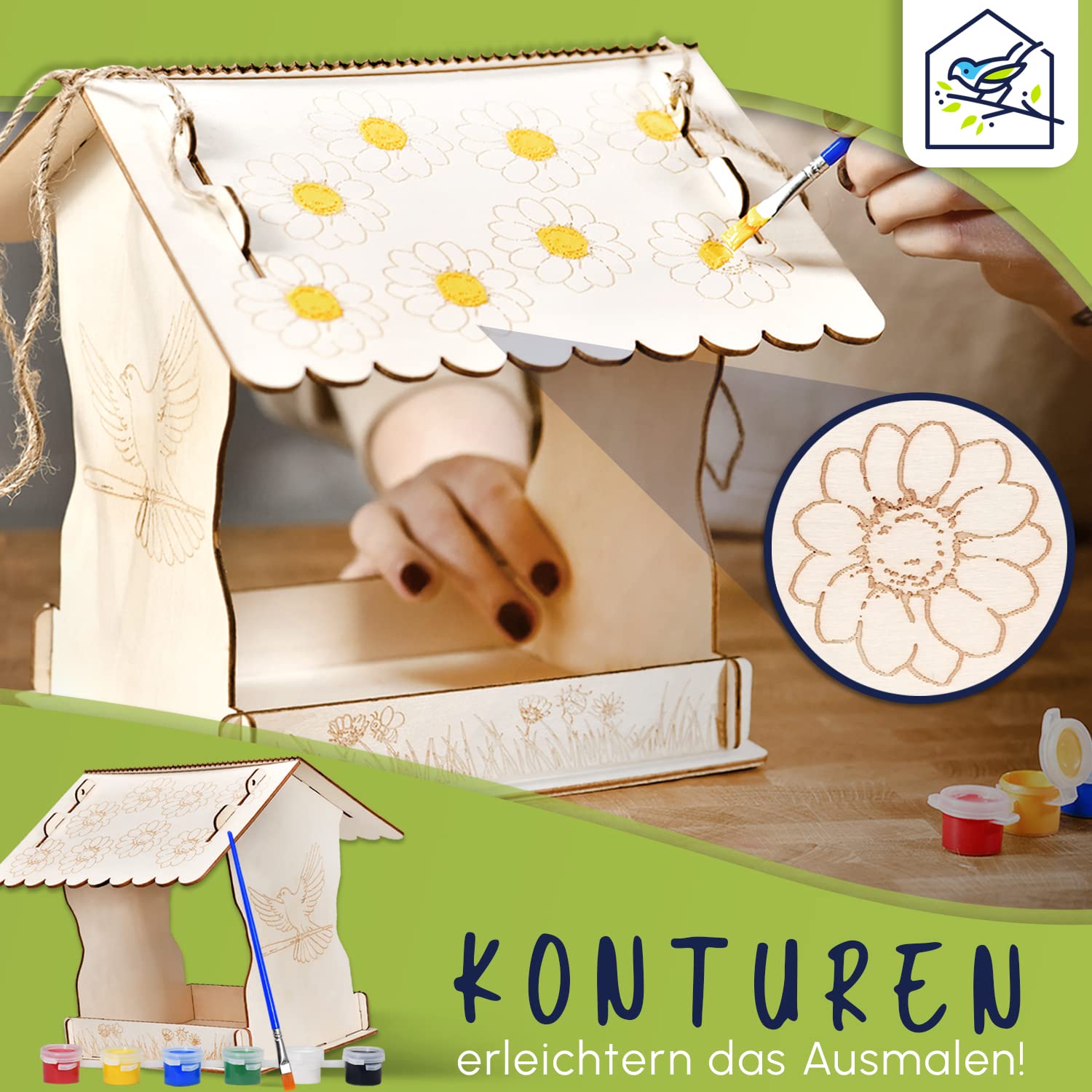 FUN TRADING DIY Vogelhaus zum Bemalen - praktischer Vogelhaus Bausatz für Kinder inkl. Farben und Pinsel - Vogelhäuschen zum Bemalen - ideal für kreative Naturfreunde