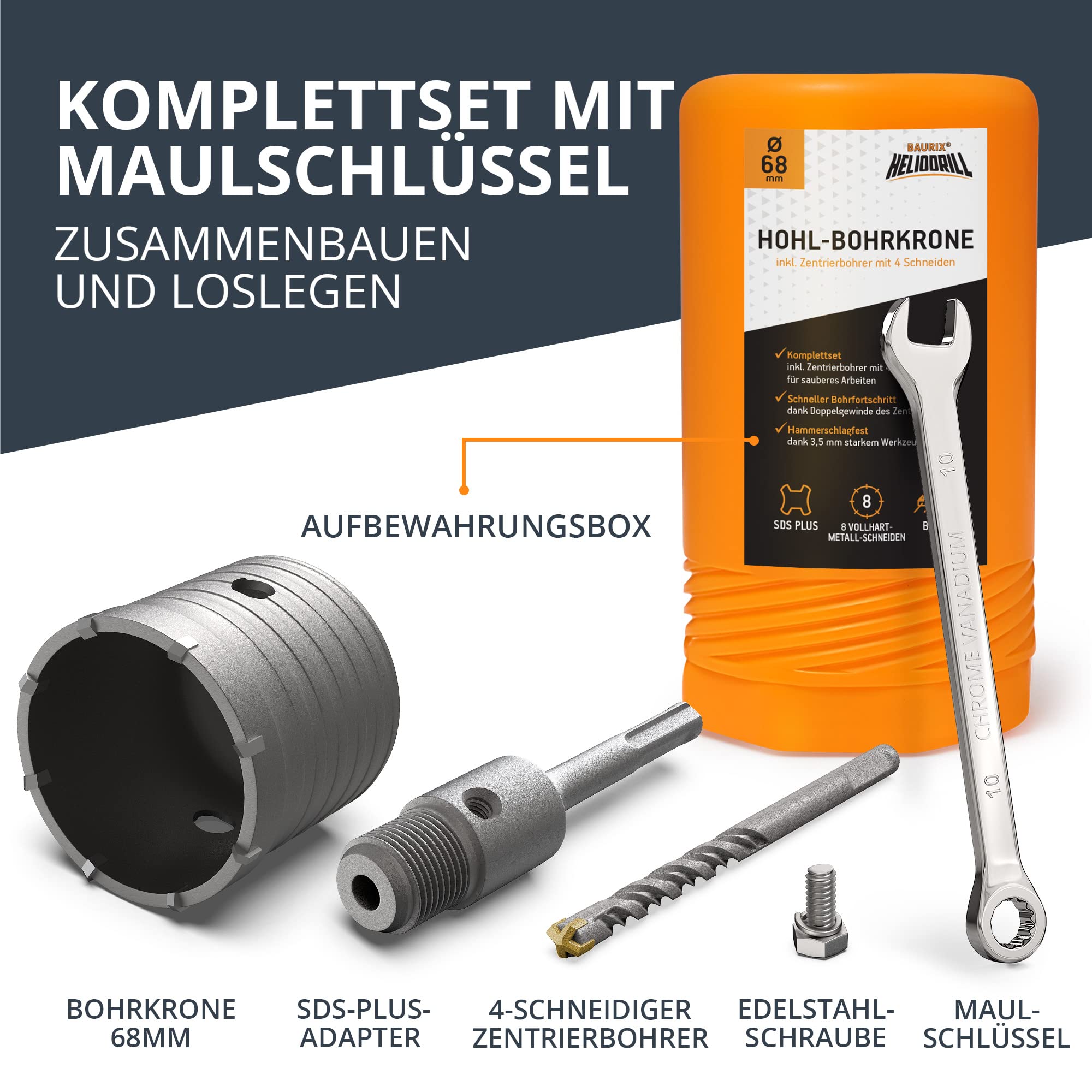 BAURIX® Hohl-Bohrkrone 68mm SDS Plus [8 Karbid-Zähne] I Dosensenker Hammerschlagfest I Für Unterputzdosen, Steckdosen I Mauerwerk, Stein, Beton, Trockenbau, Ytong I Steckdosenbohrer, Kronenbohrer