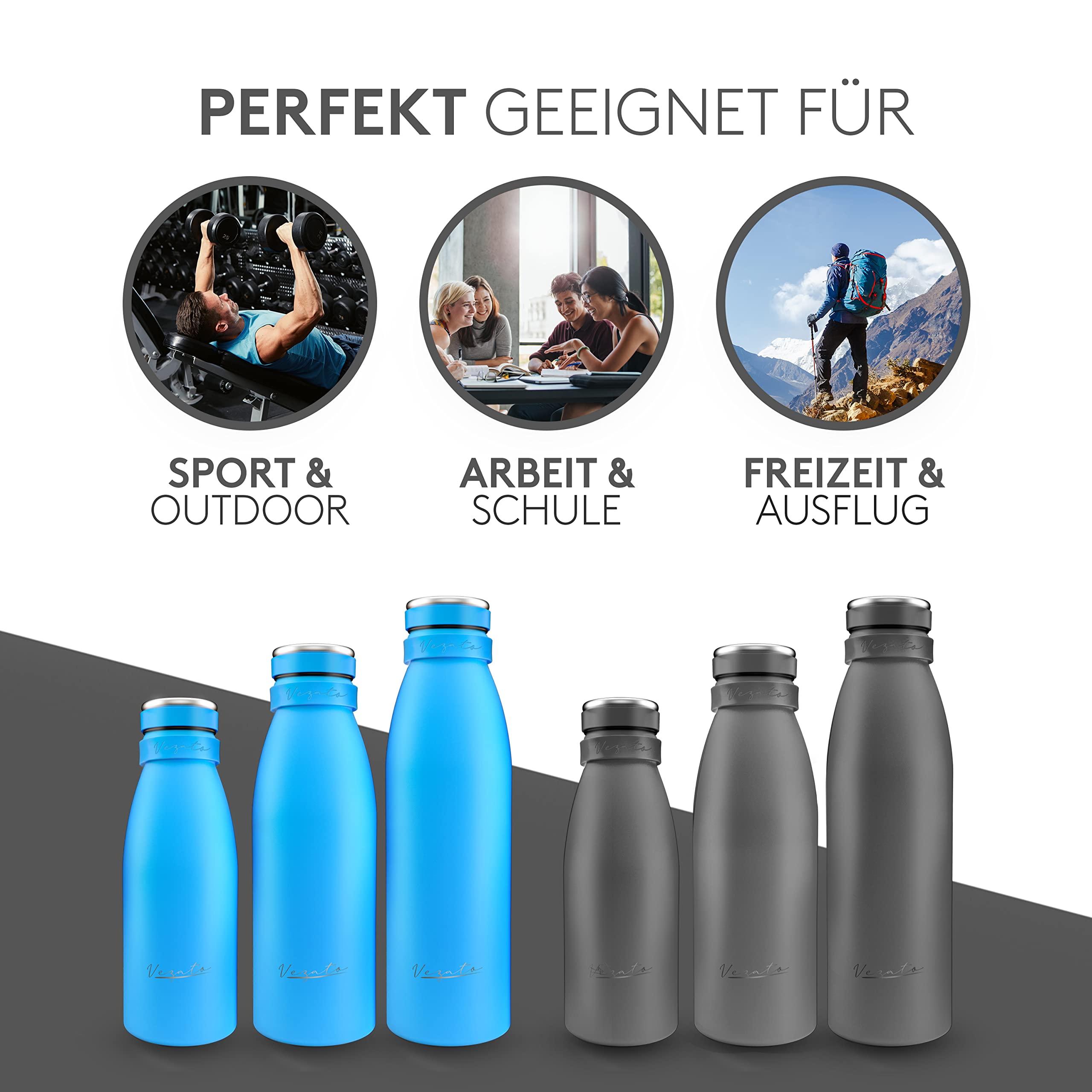 Vezato Trinkflasche Edelstahl - BPA-freie Isolierflasche 1 Liter - Auslaufsichere Wasserflasche mit doppelter Isolierung - Thermosflasche spülmaschinenfest - Für Kohlensäure geeignet - Nachhaltig