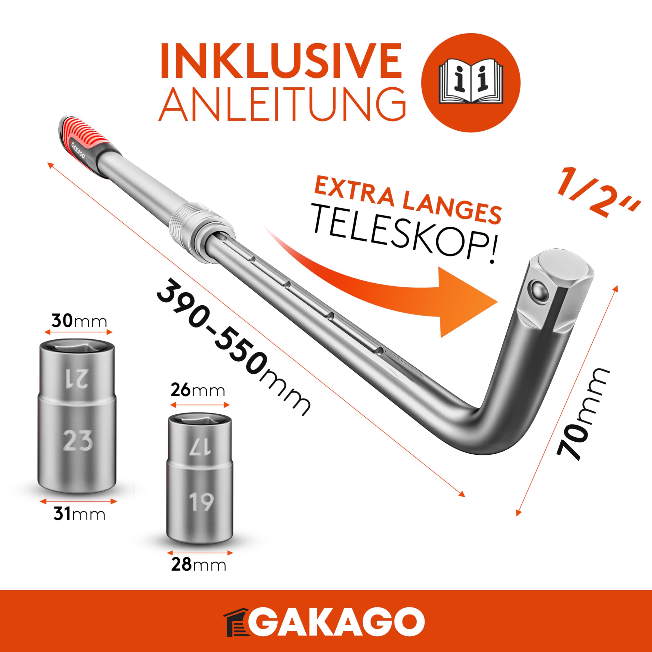 Gakago Teleskop Radmuttern-Schlüssel Set mit 17/19mm & 21/23mm Steckschlüssel-Einsatz 1/2 Zoll - Extra langer ausziehbarer Radschlüssel - Praktische Aufbewahrungstasche mit Klett und Aufhängeöse