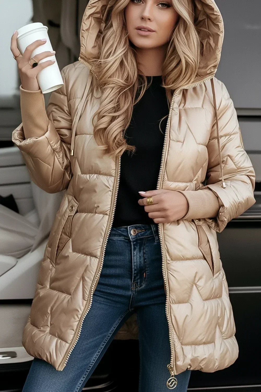 Steppjacke mit Kapuze, Longline-Schnitt für Damen