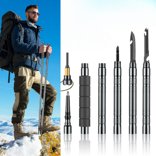 Tactical Trekkingstock – Überlebens-Wanderstock mit Kompass, Messer & Feuerstarter