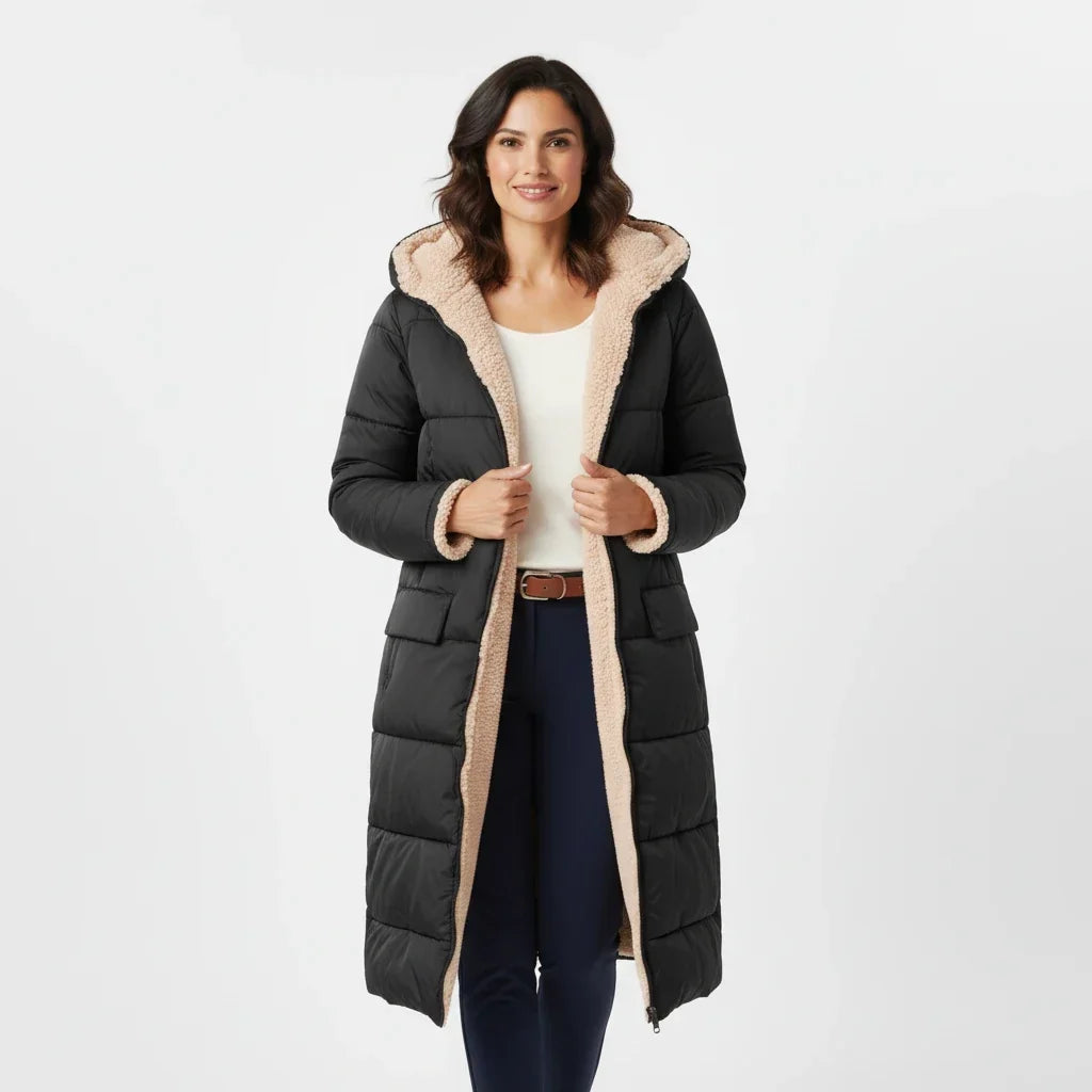 Lange Steppjacke mit Kapuze und Sherpa-Futter für Damen