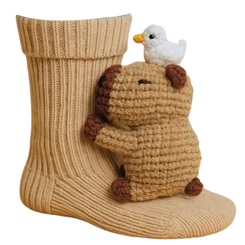 Tiersocken mit 3D-Plüschfigur – Crew-Länge, gerippter Strick