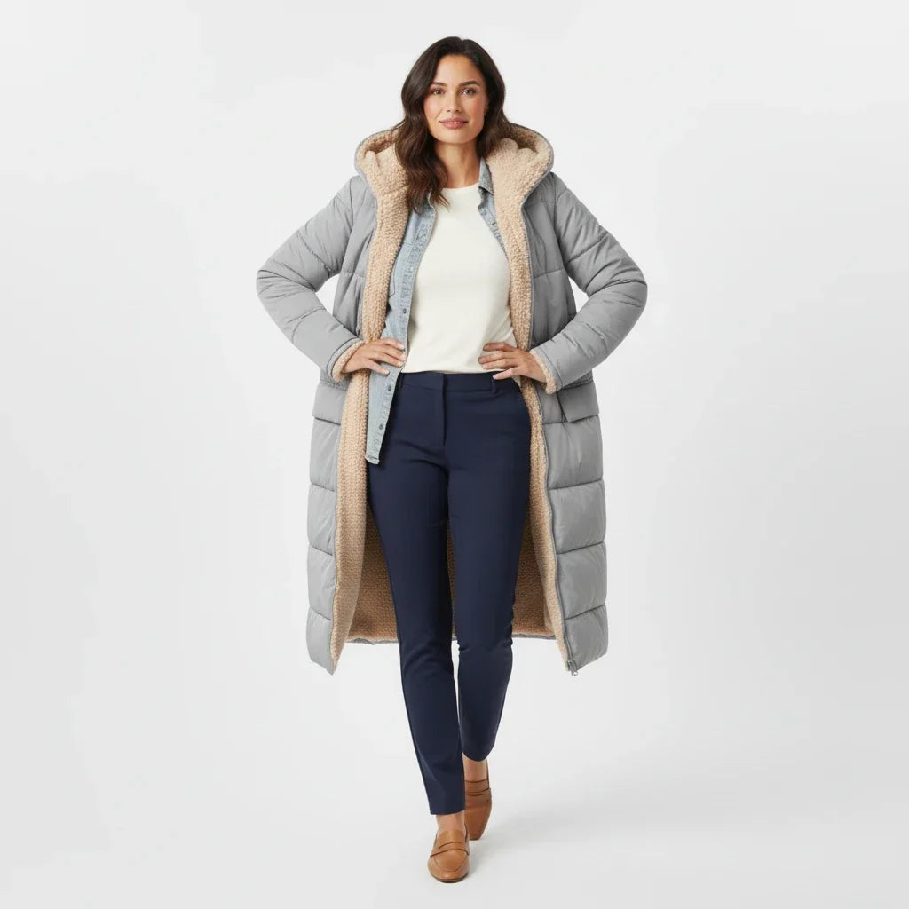 Lange Steppjacke mit Kapuze und Sherpa-Futter für Damen
